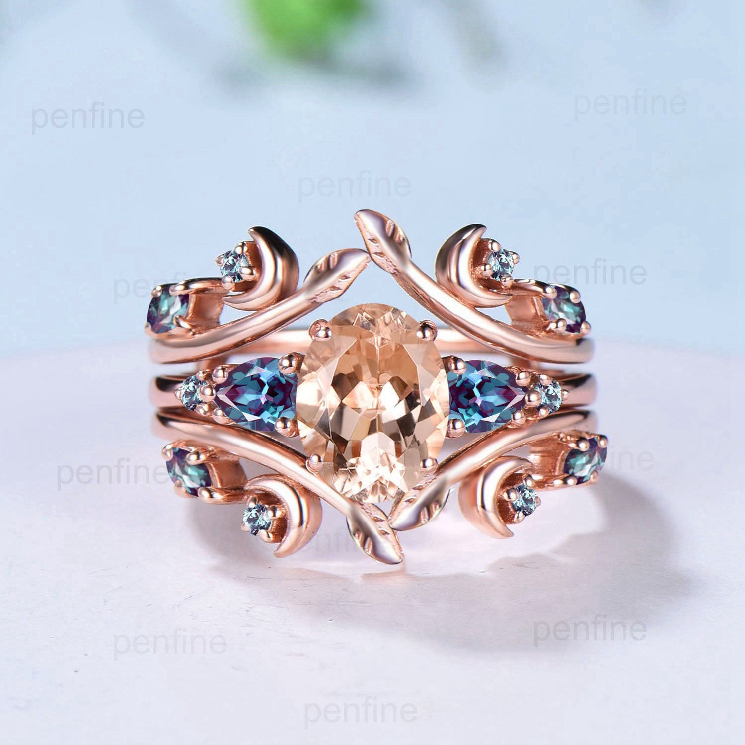 Nature Inspired Oval Morganite Engagement Ring Set in Rose Gold - Vintage Leaf Vine Moon Design with Matching Alexandrite Band for Women | Perfect for Weddings, Anniversaries & Romantic Gifts
