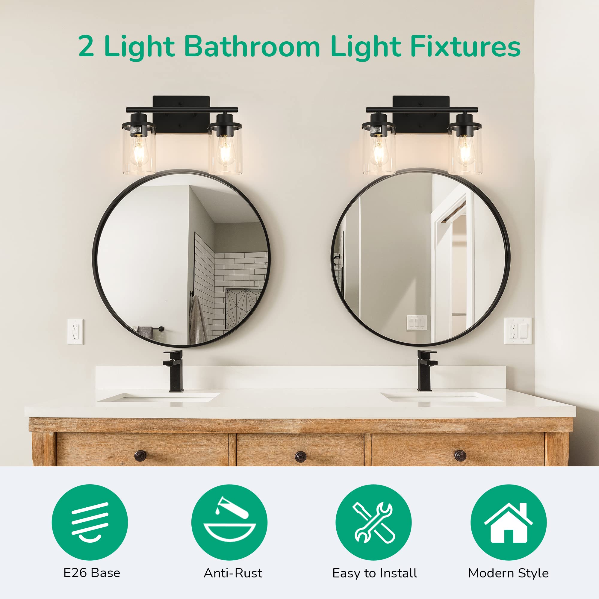 EDISHINE 2-Light Bathroom Vanity Light Fixture with Clear Glass Shades, Matte Black Vintage Wall Sconce - E26 Base (Bulbs Not Included) - Perfect for Bathroom, Bedroom, Living Room & Hallway Lighting