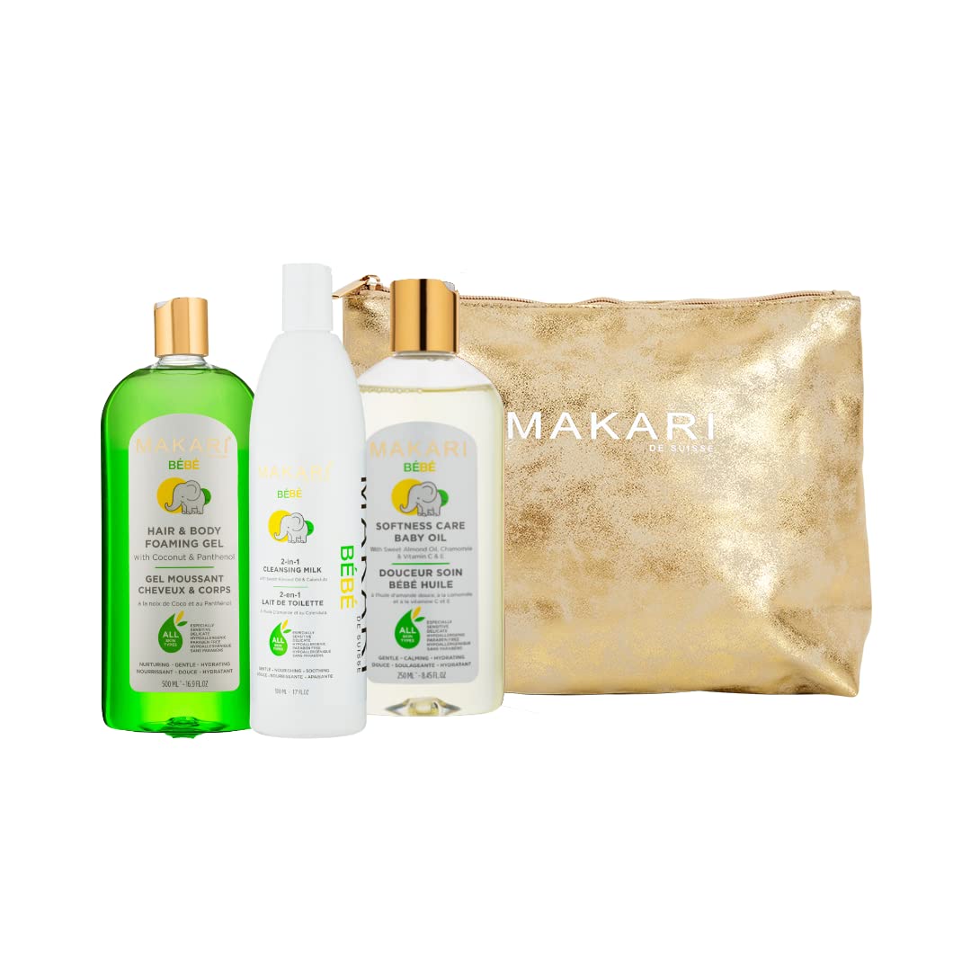 MAKARI Bebe 3-Piece Baby Shower Gift Set - Gentle Foaming Wash, Cleansing Milk & Soothing Oil | Hypoallergenic, Paraben-Free Newborn Bath Essentials for Sensitive Skin | Perfect for Baby Showers, Newborn Care & Daily Bath Time Routine