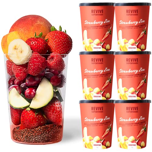 Revive Superfoods Plant Based Frozen Fruit Smoothie Kit - 6 Pack Strawberry Banana Smoothie with Peach, Cranberry, Zucchini & Protein | High Fiber, Gluten Free, No Added Sugar, Dairy Free, Vegan | Vitamin Rich Mixed Fruit Smoothie for Breakfast, Post Workout or Healthy Snack
