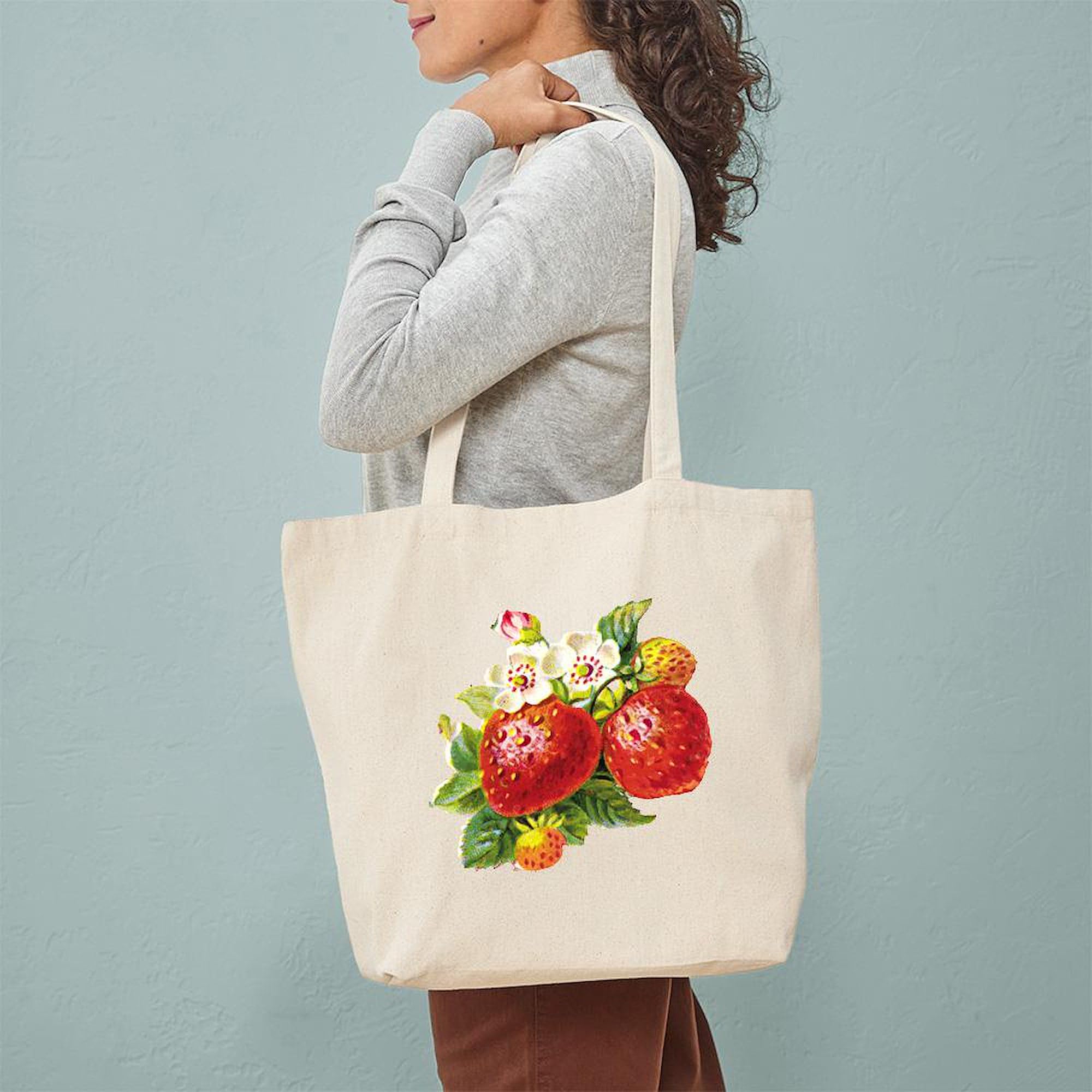 Retro Strawberry Canvas Tote Bag - Eco-Friendly Reusable Grocery Shopping Bag for Women, Beach, Farmers Market & Daily Use