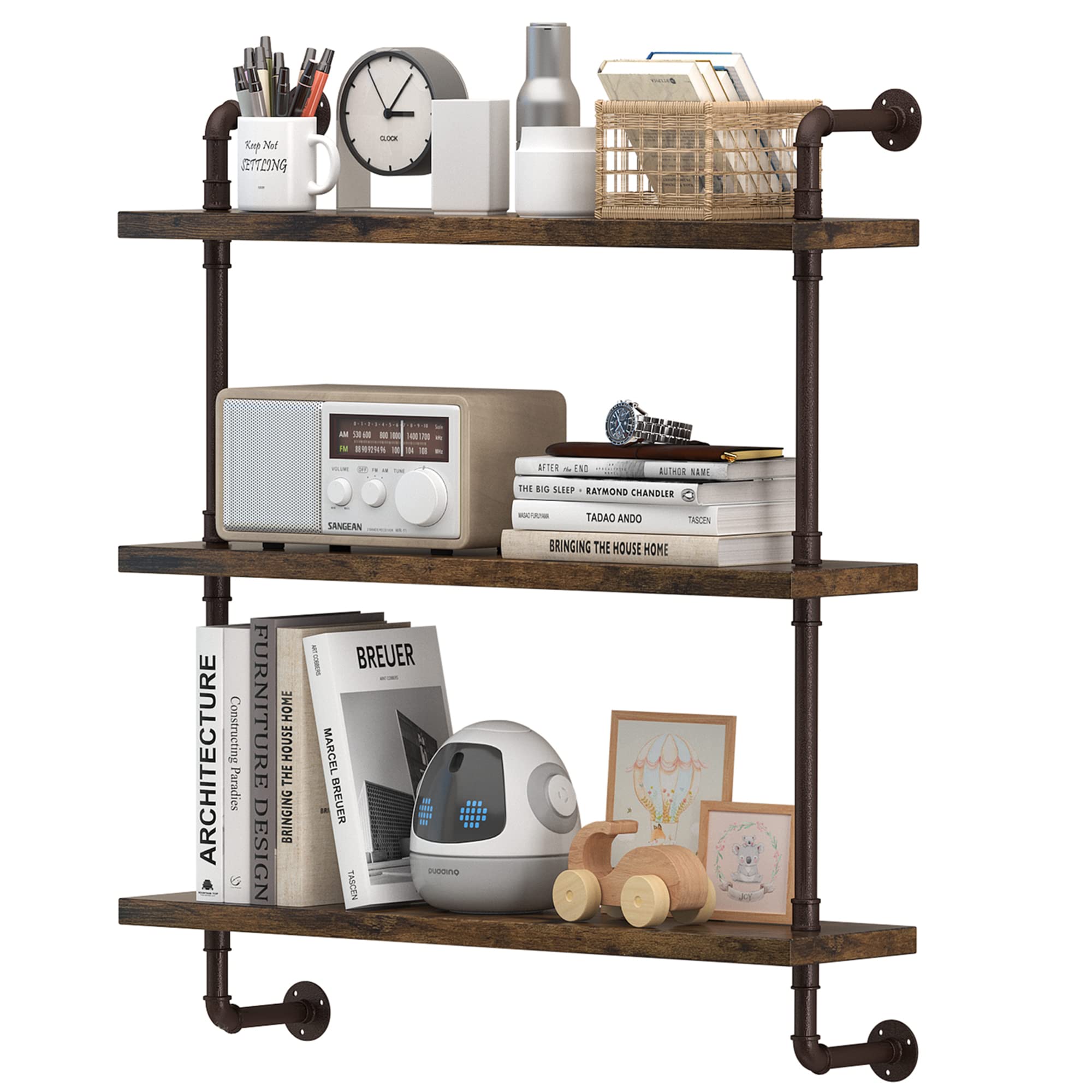 PUSDON 32 Inch Industrial Pipe Shelving - 3 Tier Bronze Metal Floating Shelves, Heavy Duty Wall Mounted Storage Rack for Home Office, Garage, Living Room, Bar & Farmhouse | Perfect for Books, Decor & Organizing Small Spaces
