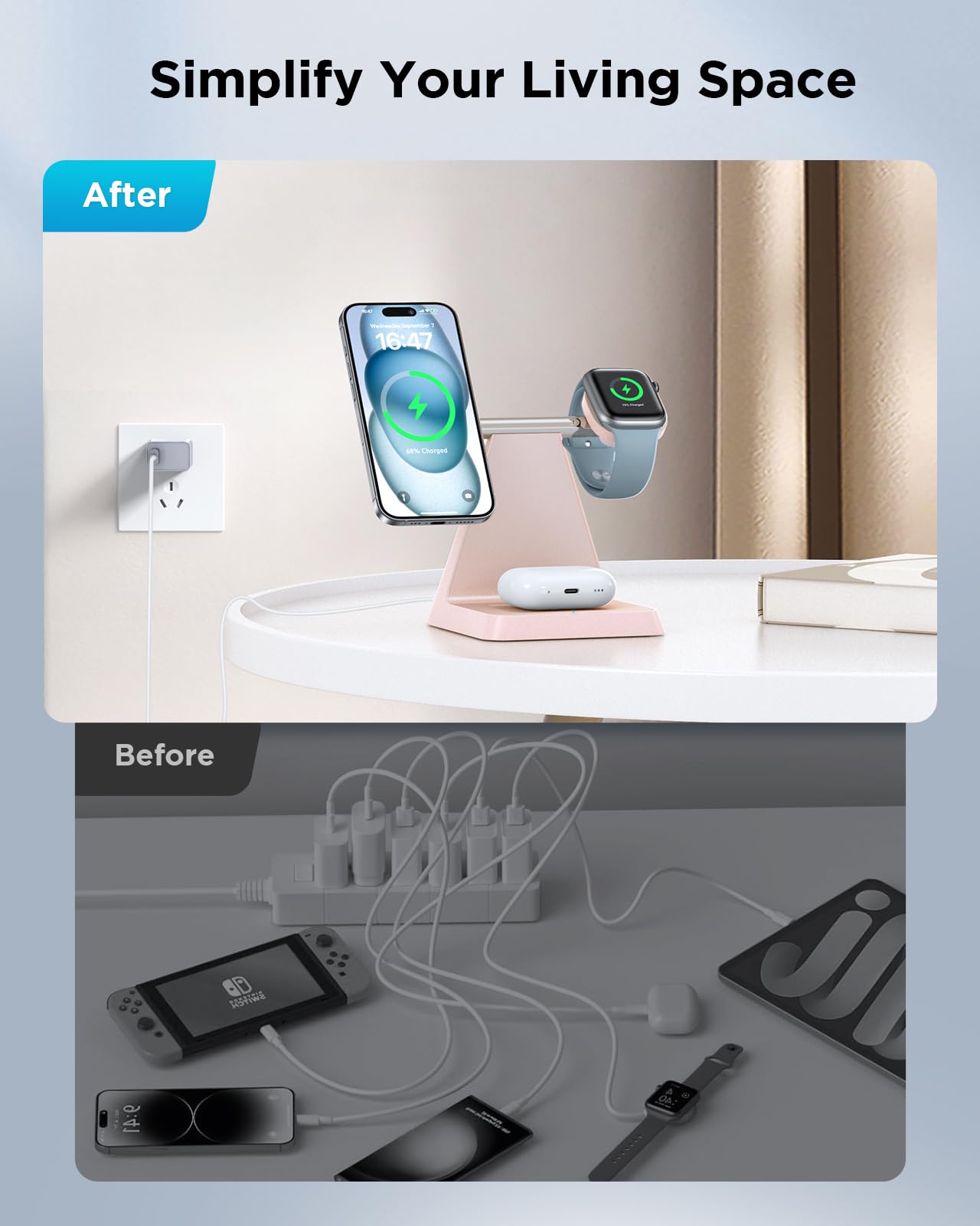3-in-1 Magnetic Wireless Charging Station for iPhone 16/15/14/13/12 Pro Max & Apple Watch - Fast Qi-Certified Charger Stand for Multiple Devices | Perfect for Nightstand, Office Desk & Travel