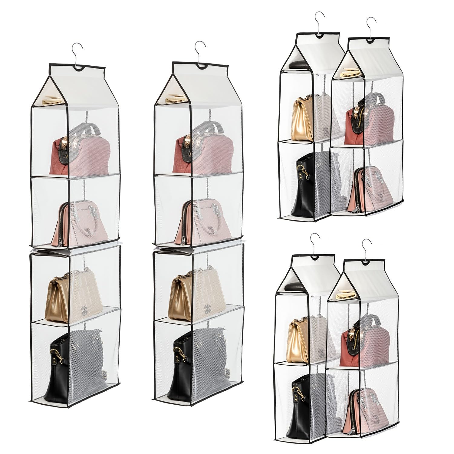 4-Tier Mesh Hanging Purse Organizer for Closet - Space-Saving Handbag Storage Bag with Durable Shelves (White, 2-Pack) - Perfect for Bedroom, Walk-in Closet & Dorm Organization