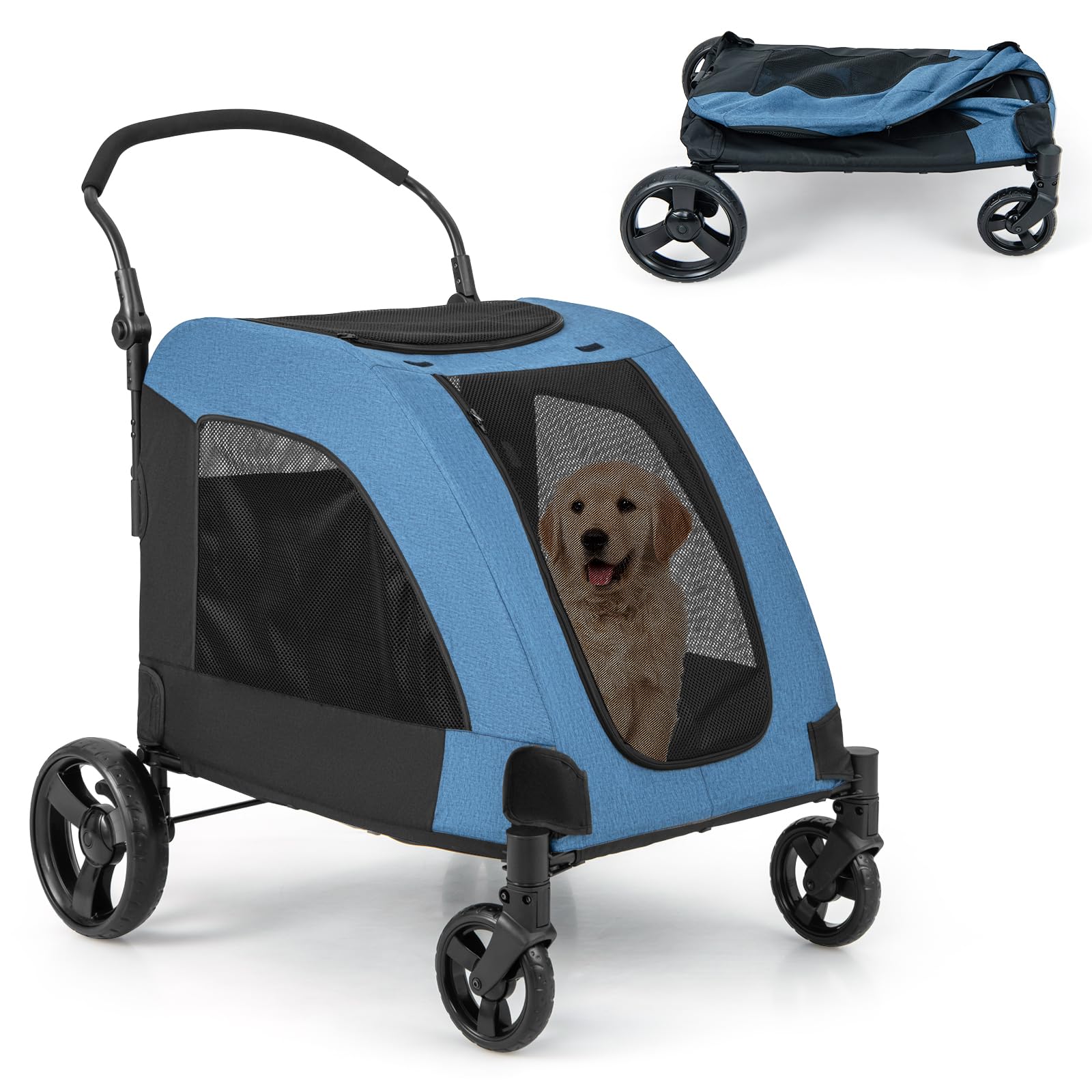 Giantex Extra Large Pet Stroller for Senior Dogs & Cats - Heavy Duty Folding Dog Jogging Wagon with Safety Belt, Adjustable Handle & Removable Pad - Supports Up to 132 lbs (Blue) - Perfect for Vet Visits, Outdoor Walks & Traveling with Pets
