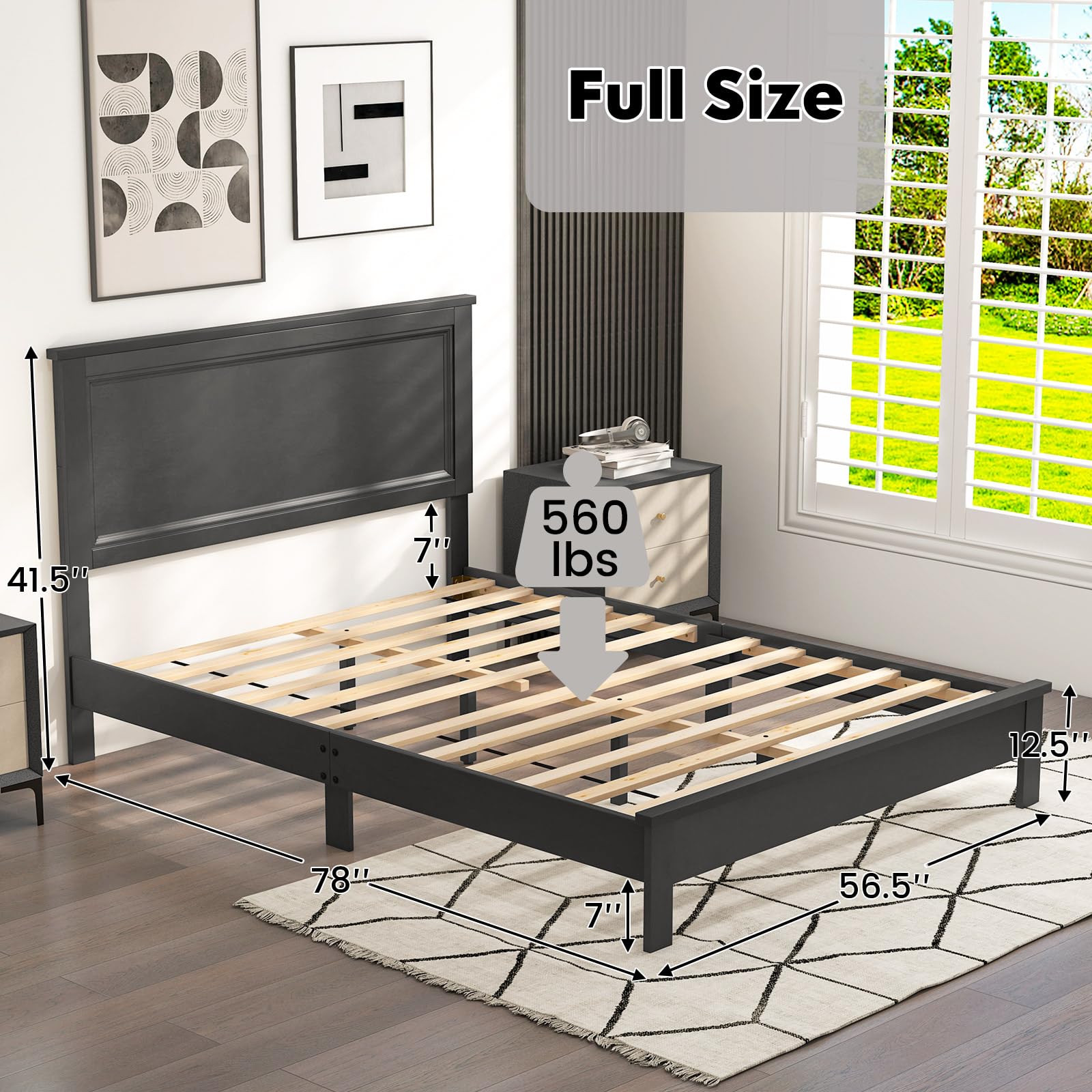 Giantex Full Platform Bed Frame with Headboard - Solid Wood Legs & Wooden Slat Support, Mid Century Modern Style, Easy Assembly, 500 lbs Weight Capacity, Black - Perfect for Master Bedroom, Guest Room & Small Space Living