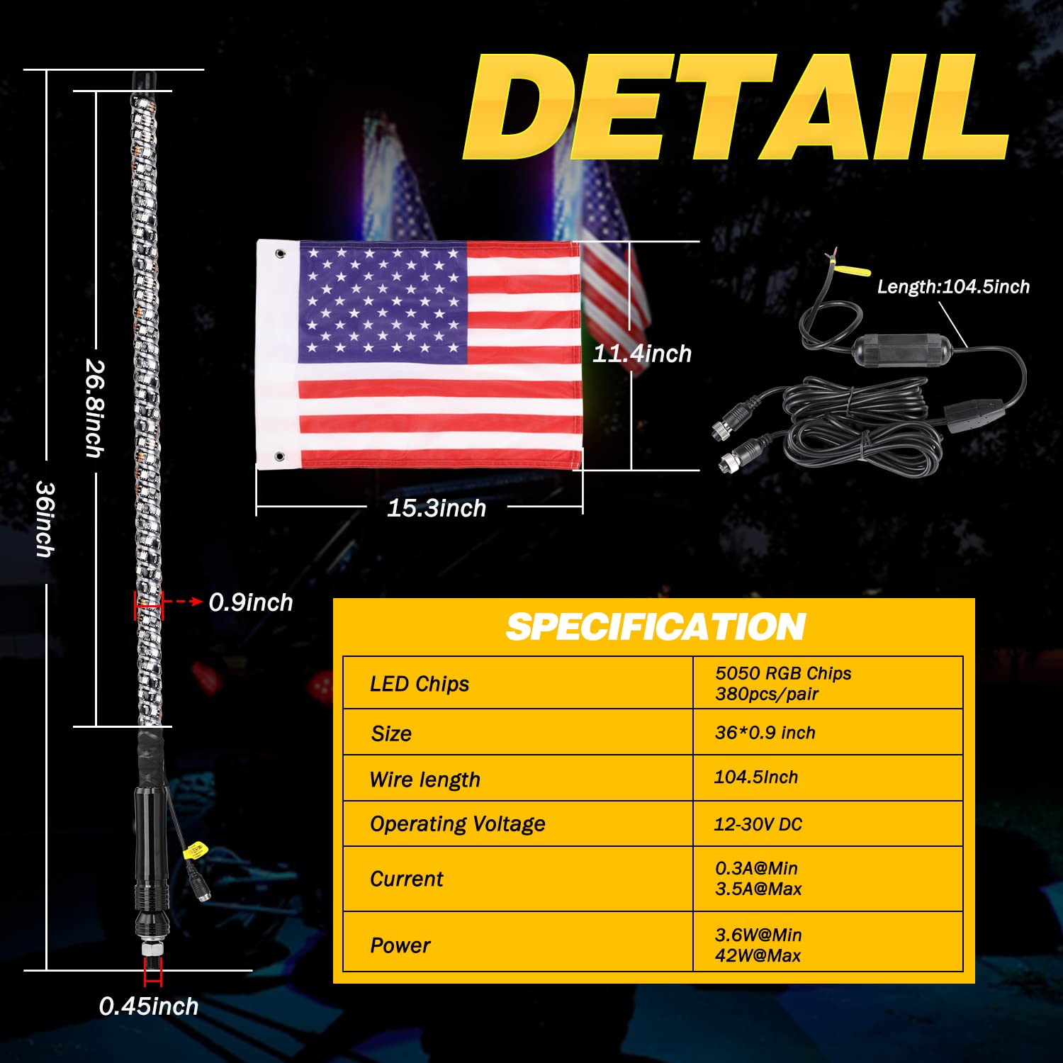 3ft RGB LED Whip Lights 2 Pack - 360° Spiral RGBW LED Chasing/Dancing Antenna Lights with RF Remote Control for ATV, UTV, SXS | Compatible with Polaris Ranger, RZR XP1000, Can-Am X3, Yamaha, Kawasaki | Perfect for Off-Roading, Night Riding & Vehicle Customization