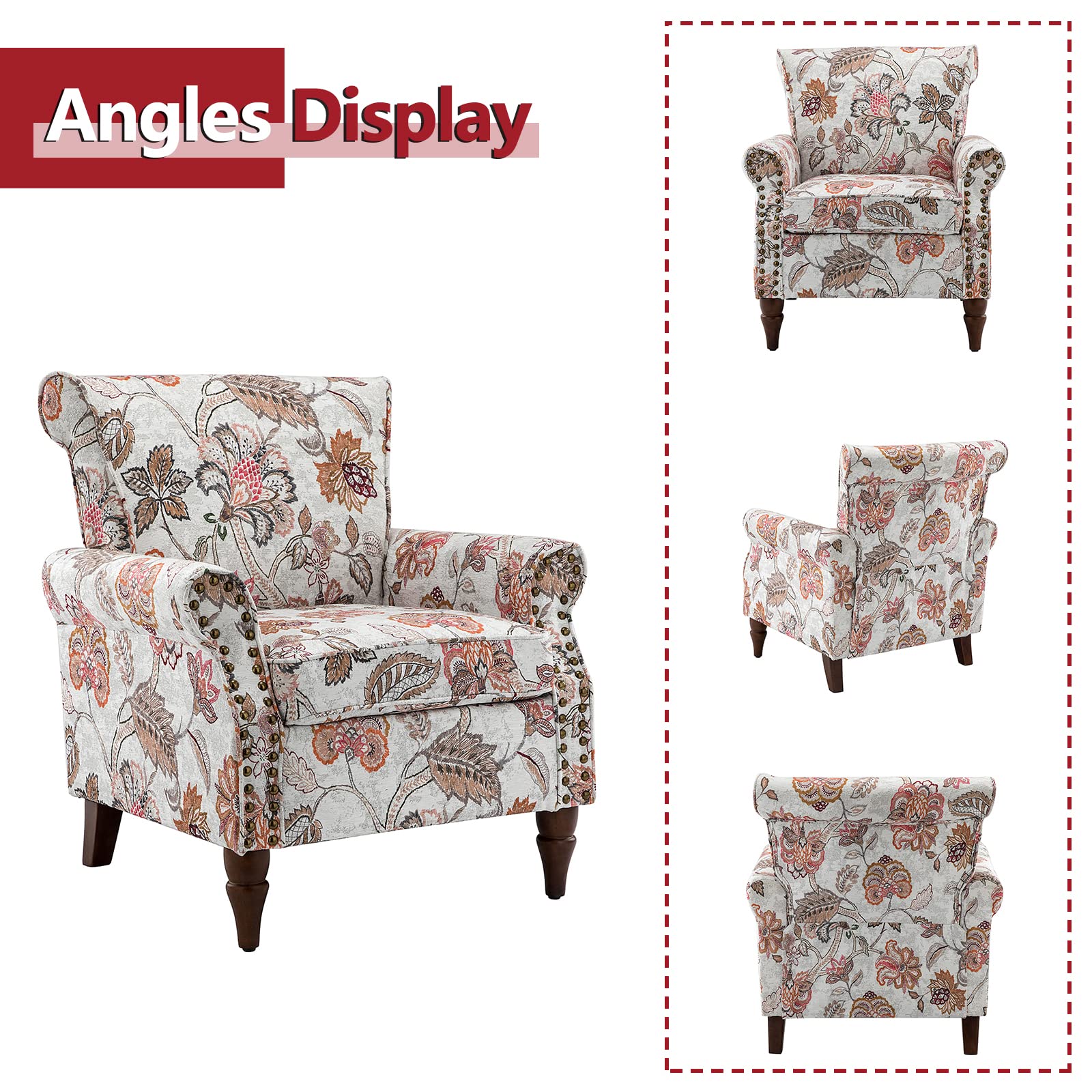 HULALA HOME Modern Wingback Accent Chairs Set of 2 with Wood Legs & Removable Cushion - Upholstered Armchairs with Nailhead Trim & Floral Pattern - Comfortable Living Room Bedroom Sofa Chairs in Pink - Perfect for Lounge, Reading Nook & Home Decor
