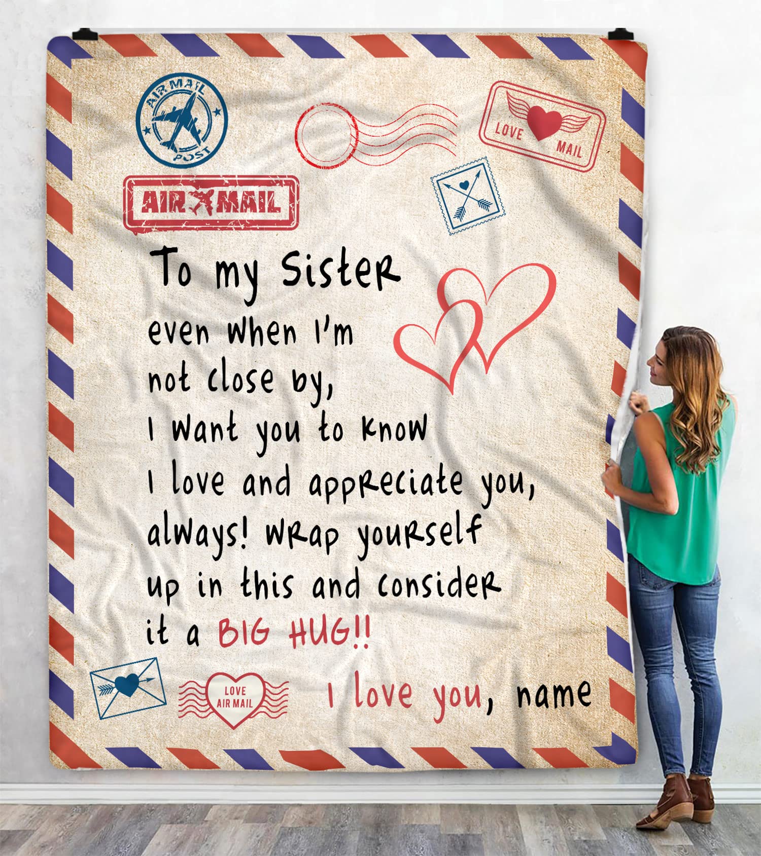 Custom Sister Blanket - Personalized Air Mail Gift for Birthday & Christmas - Cozy Throw for Her