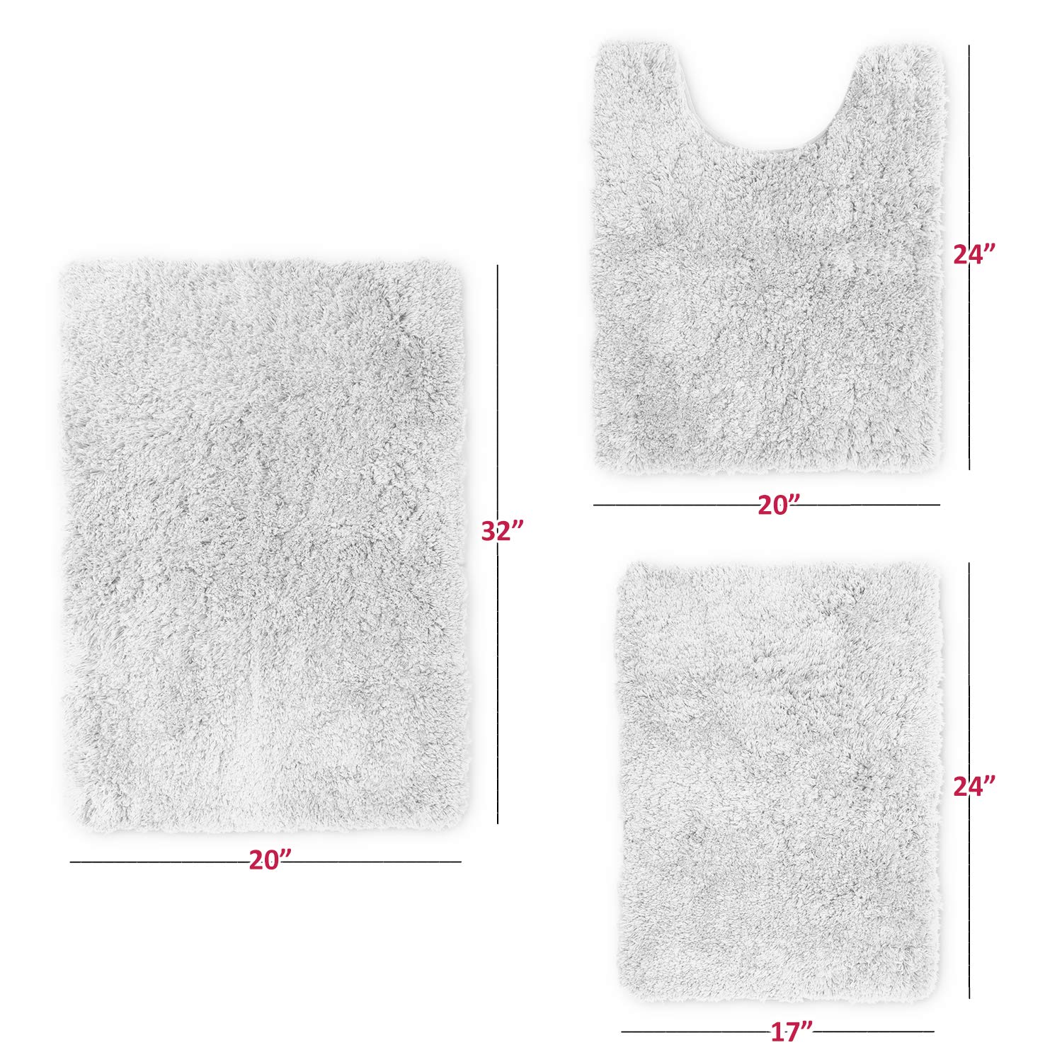 Clara Clark 3-Piece Shaggy Plush Bathroom Rug Set - Ultra Soft Non-Slip Bath Mat, Machine Washable & Quick Dry - Perfect for Bathroom, Shower & Vanity Areas - White