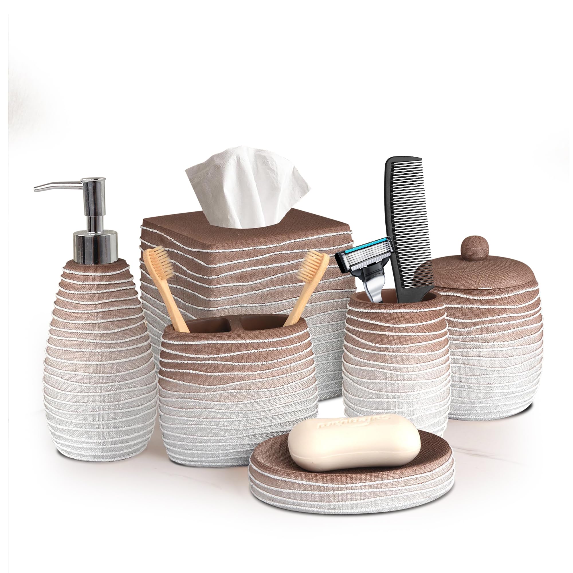 Decozen 6-Piece Modern Bathroom Accessories Set - Soap Dispenser, Countertop Essentials for Home Decor - Perfect Mother's Day & Birthday Gifts (White & Brown) - Ideal for Spa-Like Bathroom Upgrade & Housewarming Present