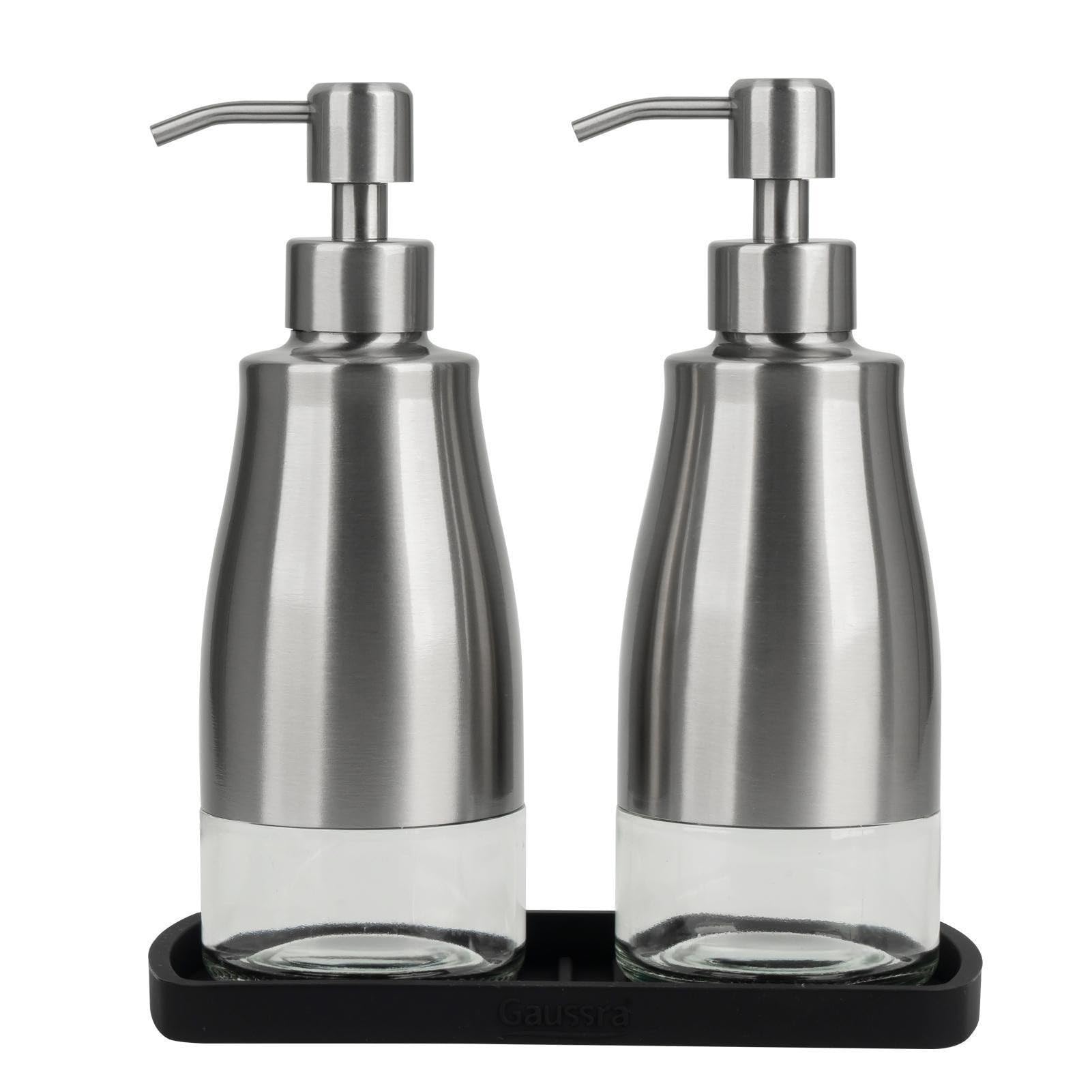 Premium Brushed Nickel Stainless Steel Glass Soap Dispenser Set with Silicone Tray & Stickers - Refillable Hand & Dish Soap Dispenser for Kitchen Sink, Bathroom Countertop - Elegant Home & Office Decor