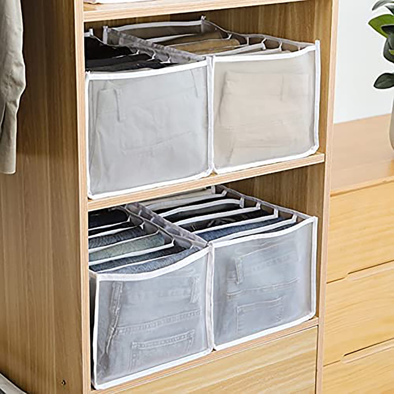 SCGRHP 2-Pack Stackable Foldable Mesh Wardrobe Organizer - 7 Grid Closet Storage Baskets for Clothes, Underwear & Accessories | Space-Saving Drawer Dividers for Bedroom, Dorm & Closet Organization (White, Small+Medium)