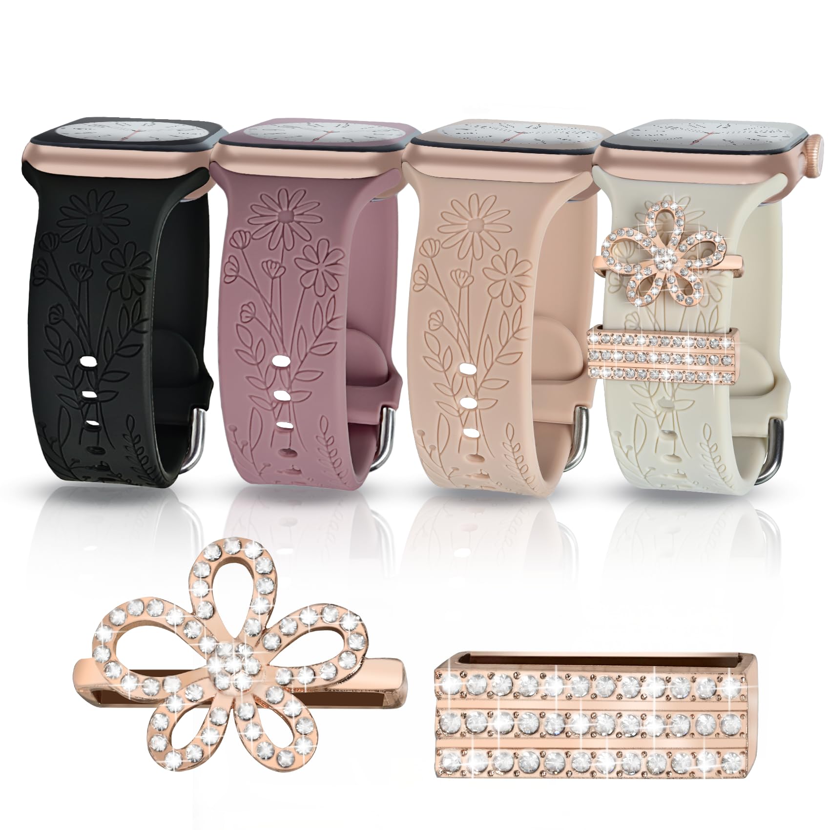 4 Pack Floral Engraved Apple Watch Bands with Charms - Soft Silicone Sport Replacement Strap for Women - Compatible with iWatch Series SE/8/7/6/5/4/3/2/1 & All 38mm-49mm Models - Perfect for Workouts, Daily Wear & Fashion Accessories
