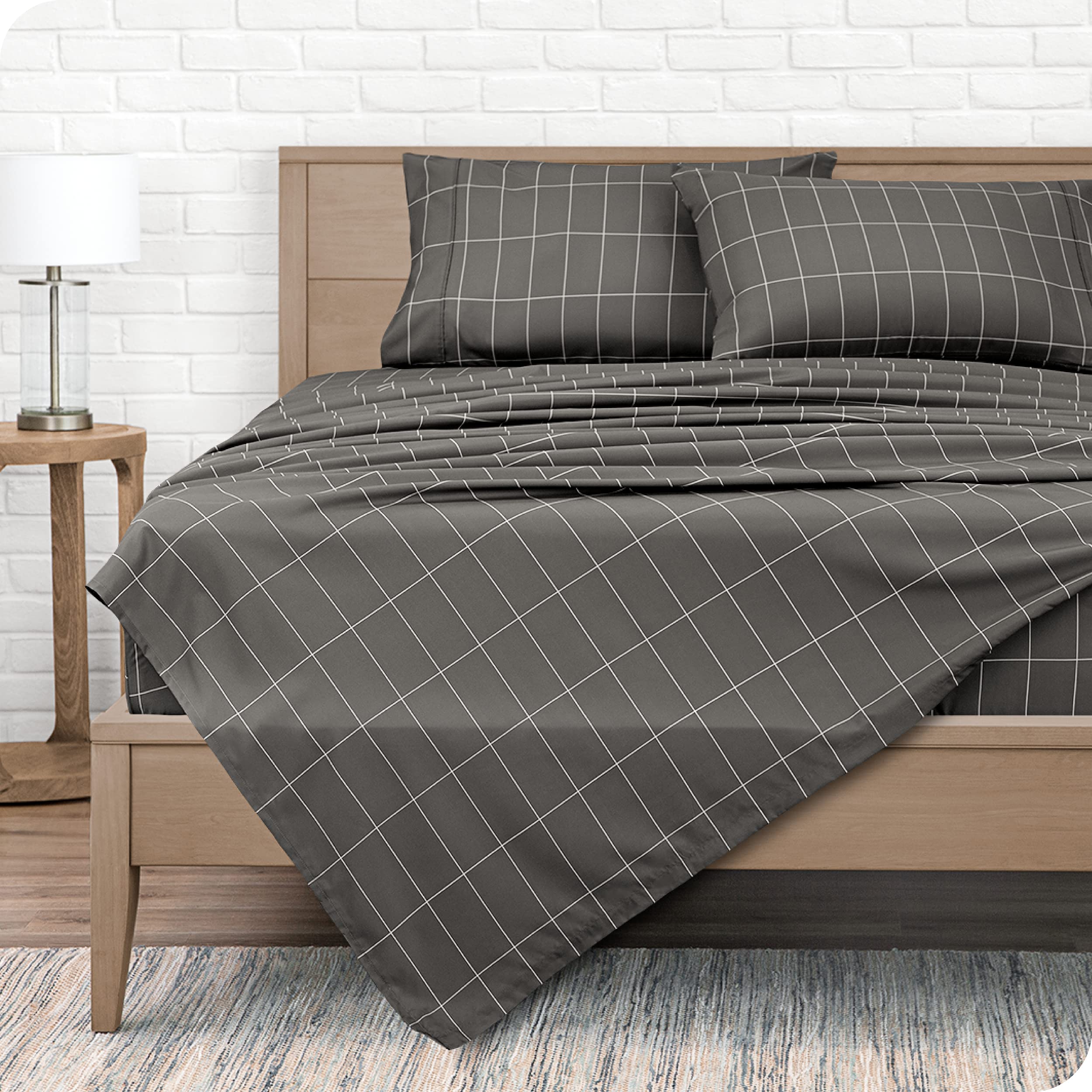 Bare Home Queen Flat Sheet - Ultra Soft 1800 Thread Count Luxury Bed Sheet - Double Brushed for Maximum Comfort - Easy Care Wrinkle Resistant - Perfect for Hotels, Guest Rooms & Master Bedrooms (Queen Size, Grid Pattern Grey/White)