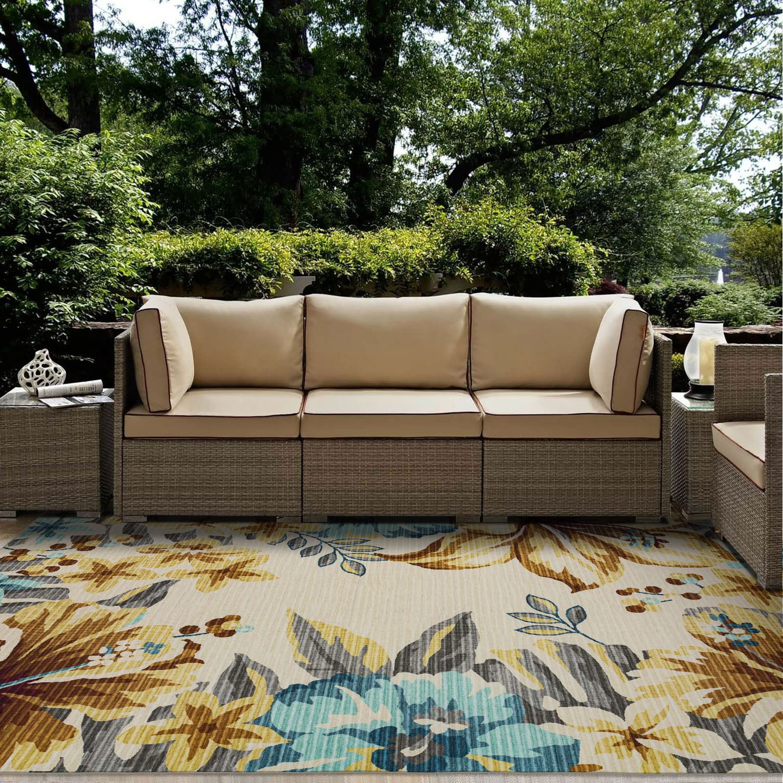 DECOMALL BLODWEN Indoor Outdoor Rugs - Floral Botanical Leaf Tropical Area Rug for Bedroom, Living Room, Deck, Backyard, Balcony, Patio - Yellow 6x9 Feet - Perfect for Boho Decor, Beach House Style & Summer Garden Parties