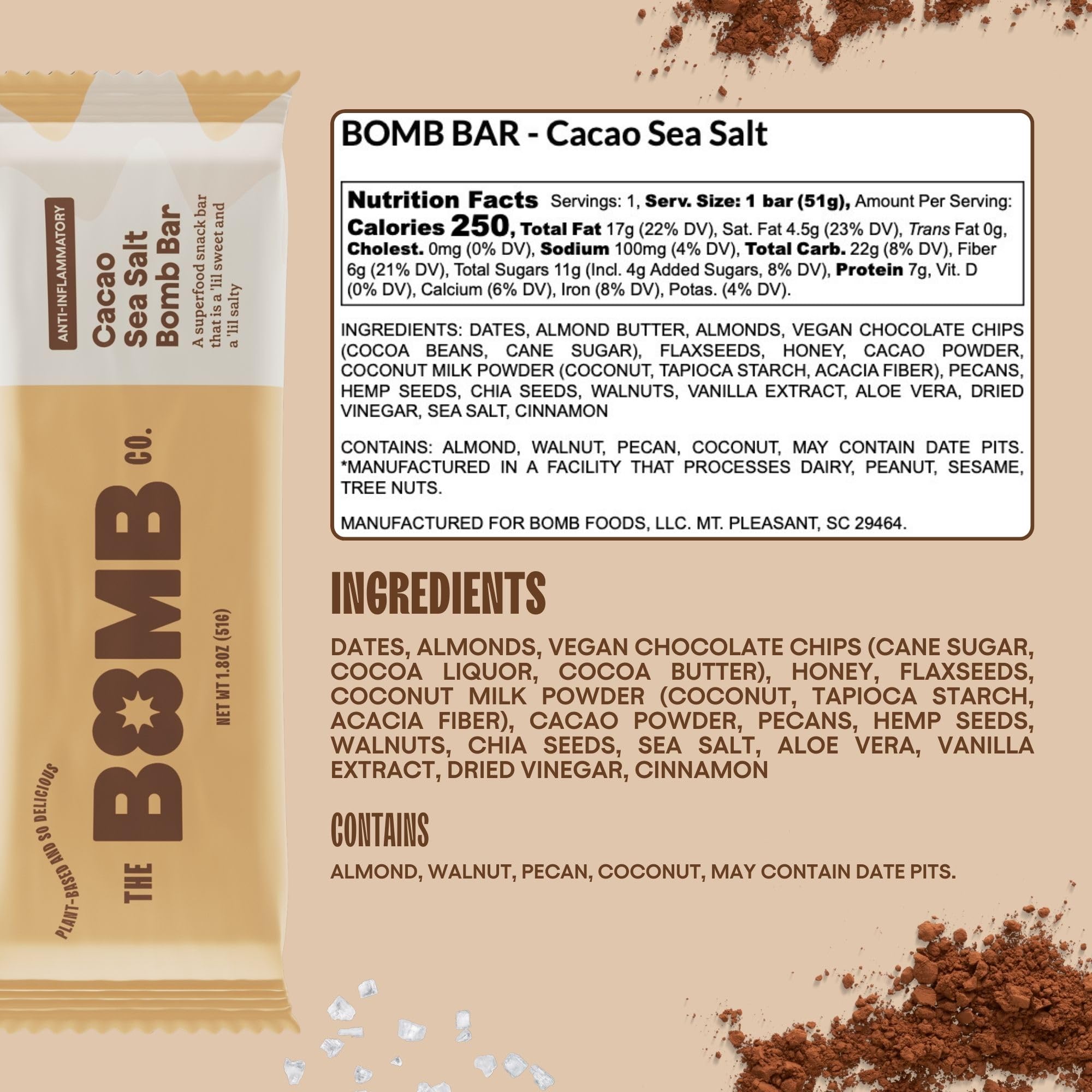 The Bomb Co. Blender Bomb Bar - Cacao Sea Salt Superfood Snack Bar with Almond Butter, Hemp, Chia & Flax Seeds | Vegan Chocolate Chips & Antioxidant-Rich Cacao Powder | Gluten-Free Energy Bars (9 Count) - Perfect for Post-Workout Recovery & Healthy On-the-Go Snacking