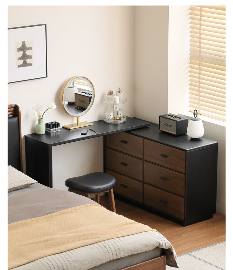 Premium Black Walnut & Oak Solid Wood Italian Vanity Dressing Table - Elegant Light Luxury Makeup Desk for Bedroom, Boudoir, and Master Bathroom