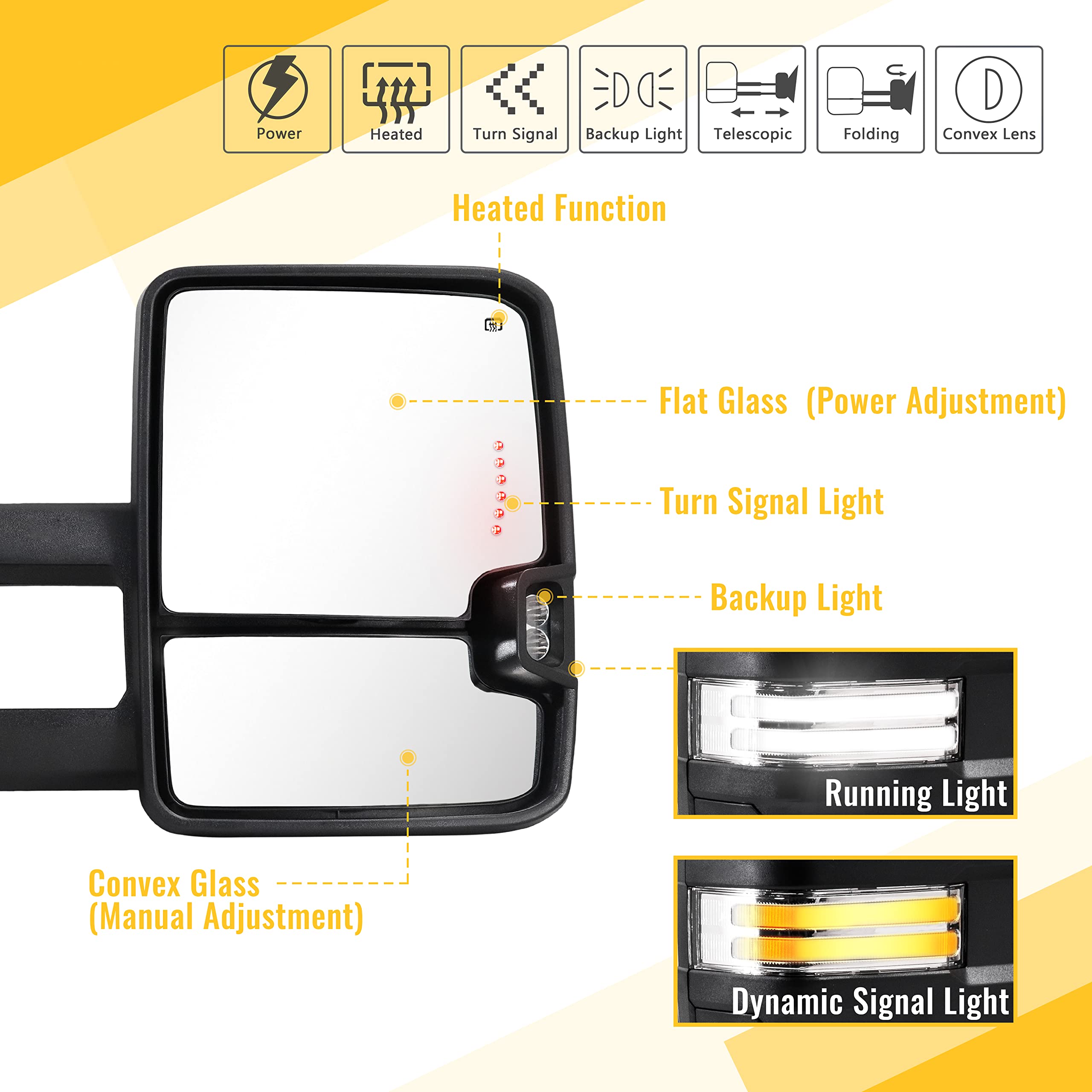 2003-2007 Chevy Silverado Suburban Yukon Tahoe GMC Sierra Towing Mirrors with Switchback Lights, Turn Signal, Running Lights, Power Glass & Heated Backup Lamp - Perfect for Towing, Off-Roading & Night Driving