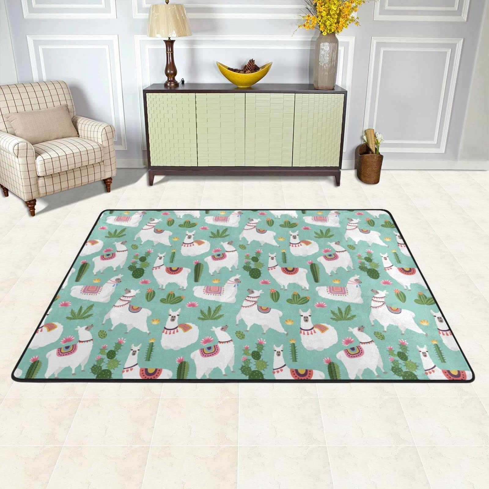 Soft Alpaca Area Rug 6x8ft - Non-Slip Cactus Print Floor Mat for Living Room, Bedroom, Dining Room & Office | Foldable Eco-Friendly Design Protects Hardwood Floors | Perfect for Boho Decor & Cozy Home Spaces