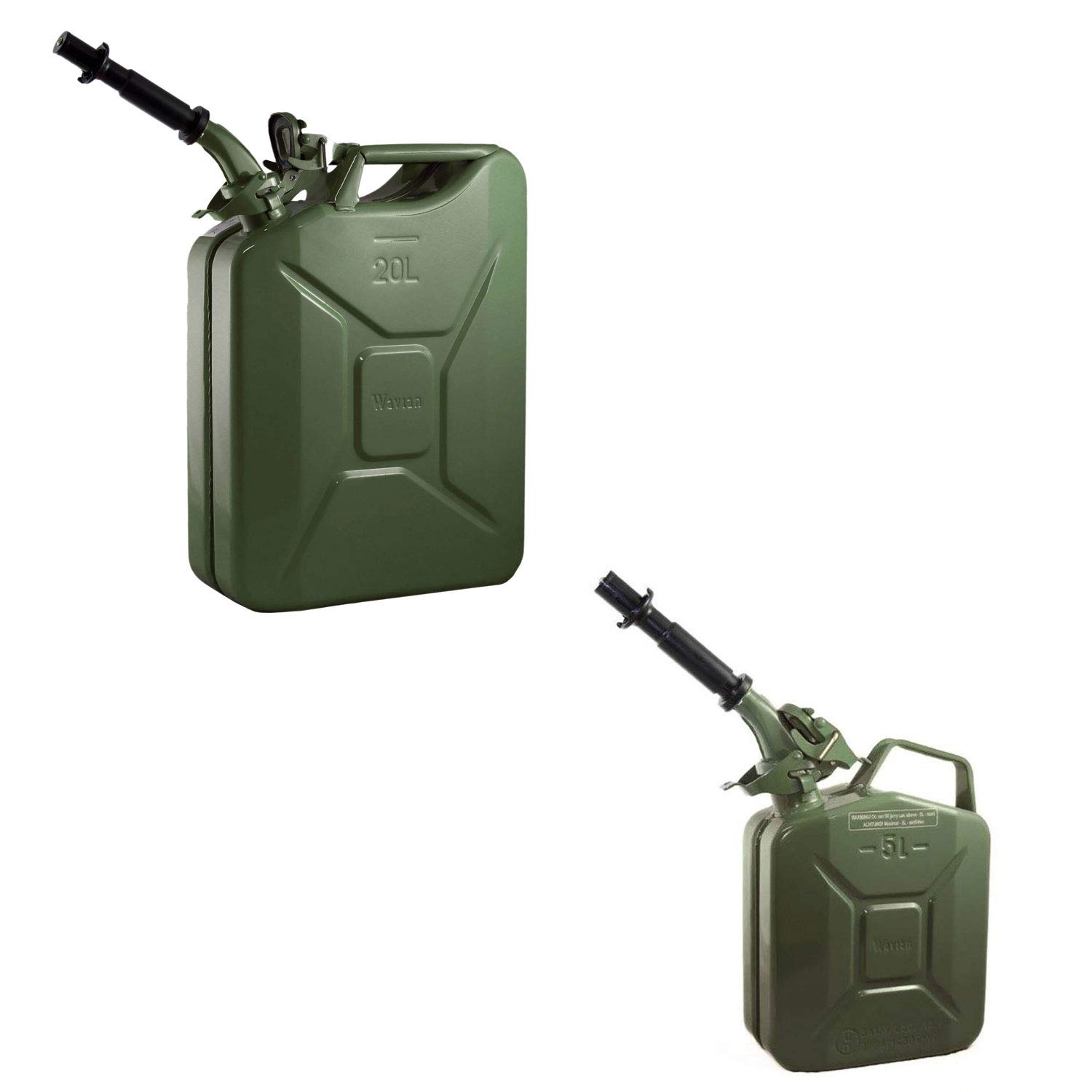 Wavian 5.3 Gallon (20 Liter) CARB Approved Fuel Jerry Can & 1.3 Gallon (5 Liter) Gasoline Can - Green - Heavy Duty Portable Gas Containers for Cars, Trucks, Boats, and Emergency Preparedness