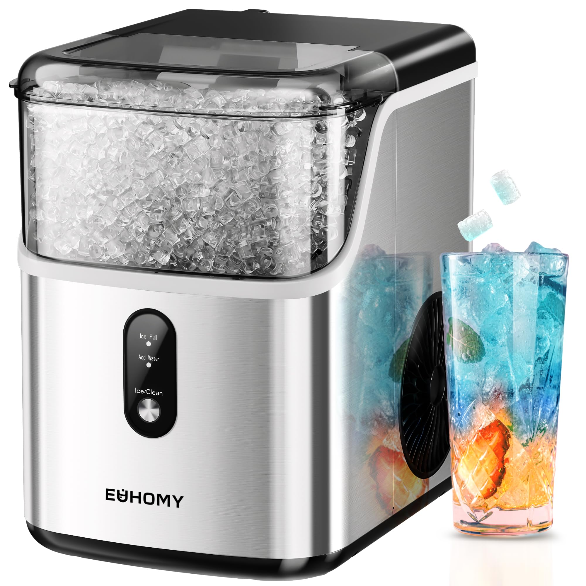 EUHOMY Countertop Nugget Ice Maker Machine - 35lbs/24H Soft Pebble Ice Production, Self-Cleaning with Ice Scoop & Basket, Stainless Steel Pellet Ice Maker for Home, Kitchen, Office - Perfect for Cocktails, Sodas, and Party Drinks