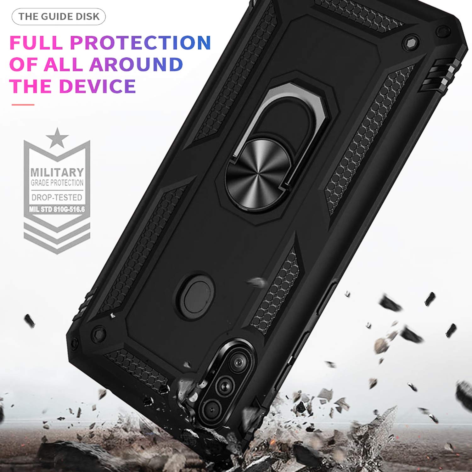 STARSHOP Samsung Galaxy A11 Case with Tempered Glass Screen Protector - Military Grade Shockproof Protective Cover with Metal Ring Kickstand - Black - Perfect for Outdoor Activities, Travel & Daily Use