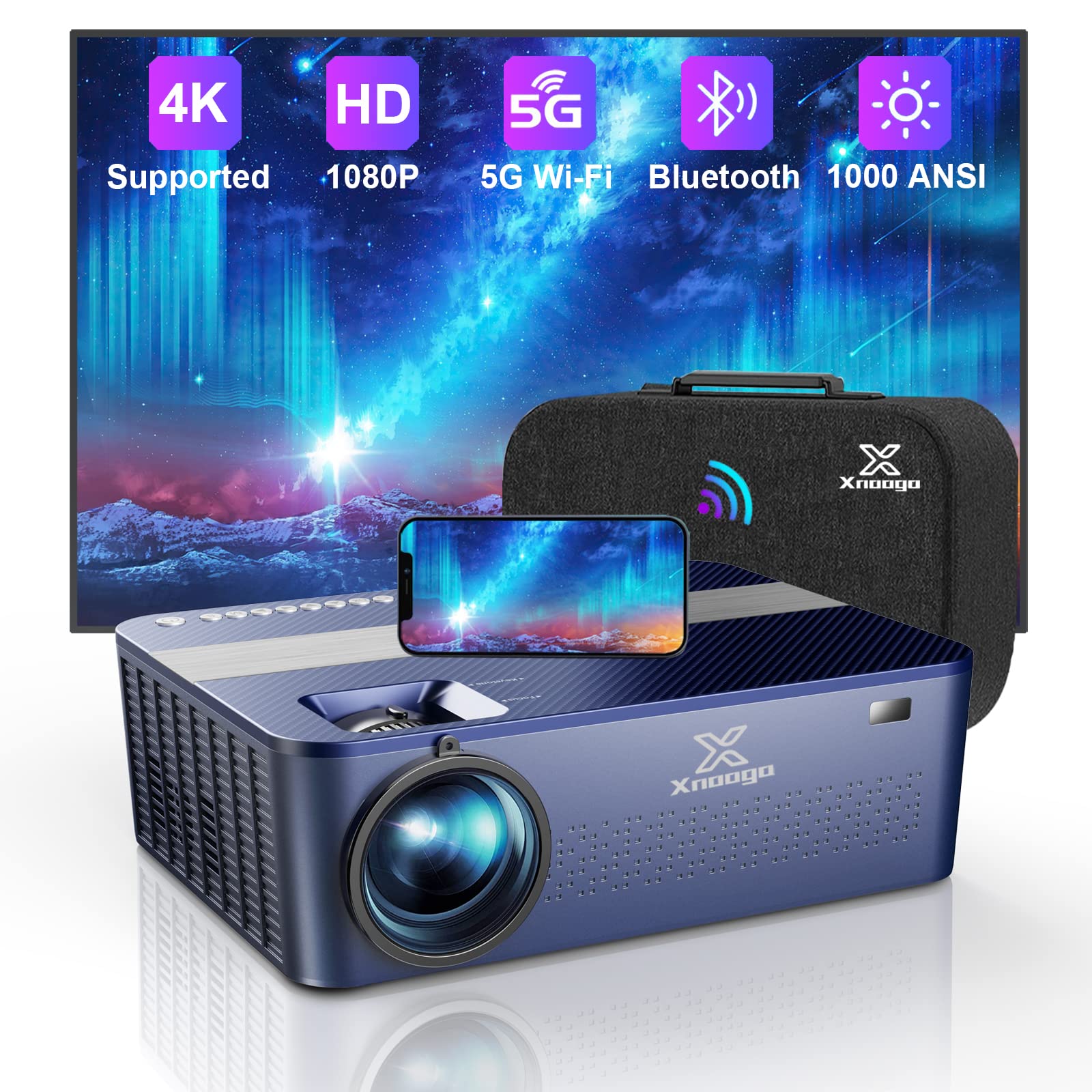XNoogo 1000 ANSI Outdoor Projector - 4K Supported 1080P FHD Movie Projector with 5G WiFi, Bluetooth, Keystone Correction & 50% Zoom | Dolby Audio for 500