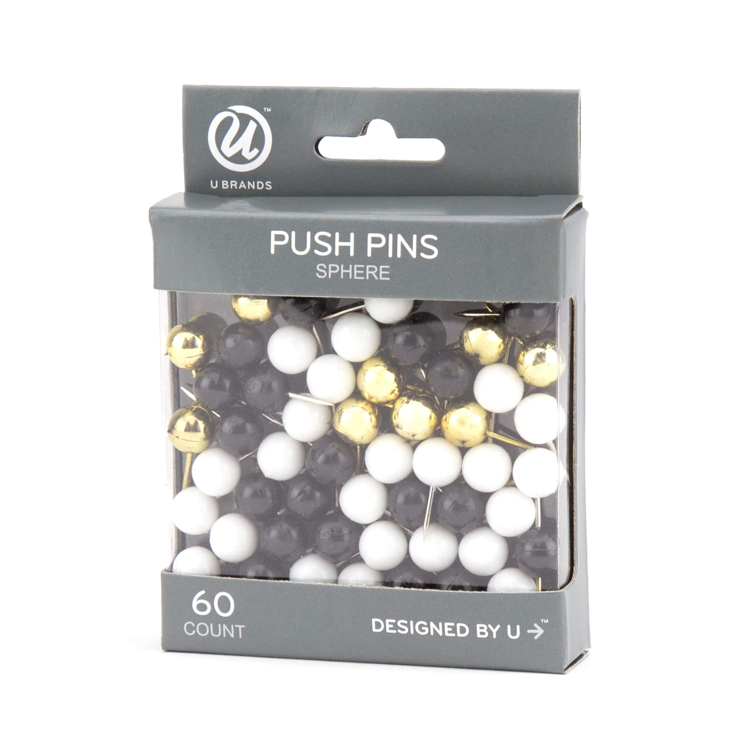 U Brands Sphere Push Pins - 200 Count Bulk Pack (Black, White, Gold) - Premium Office & Home Bulletin Board Accessories for Notes, Photos, and Memos - Model 3084U06-24