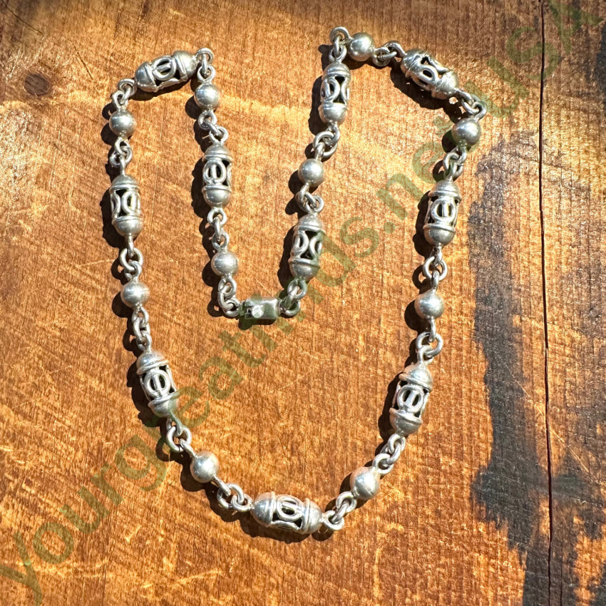 Vintage Mexican Sterling Silver Orb & Barrel Link Necklace – Handmade Jewelry for Women, Boho Chic Necklace, Perfect for Casual Wear & Special Occasions