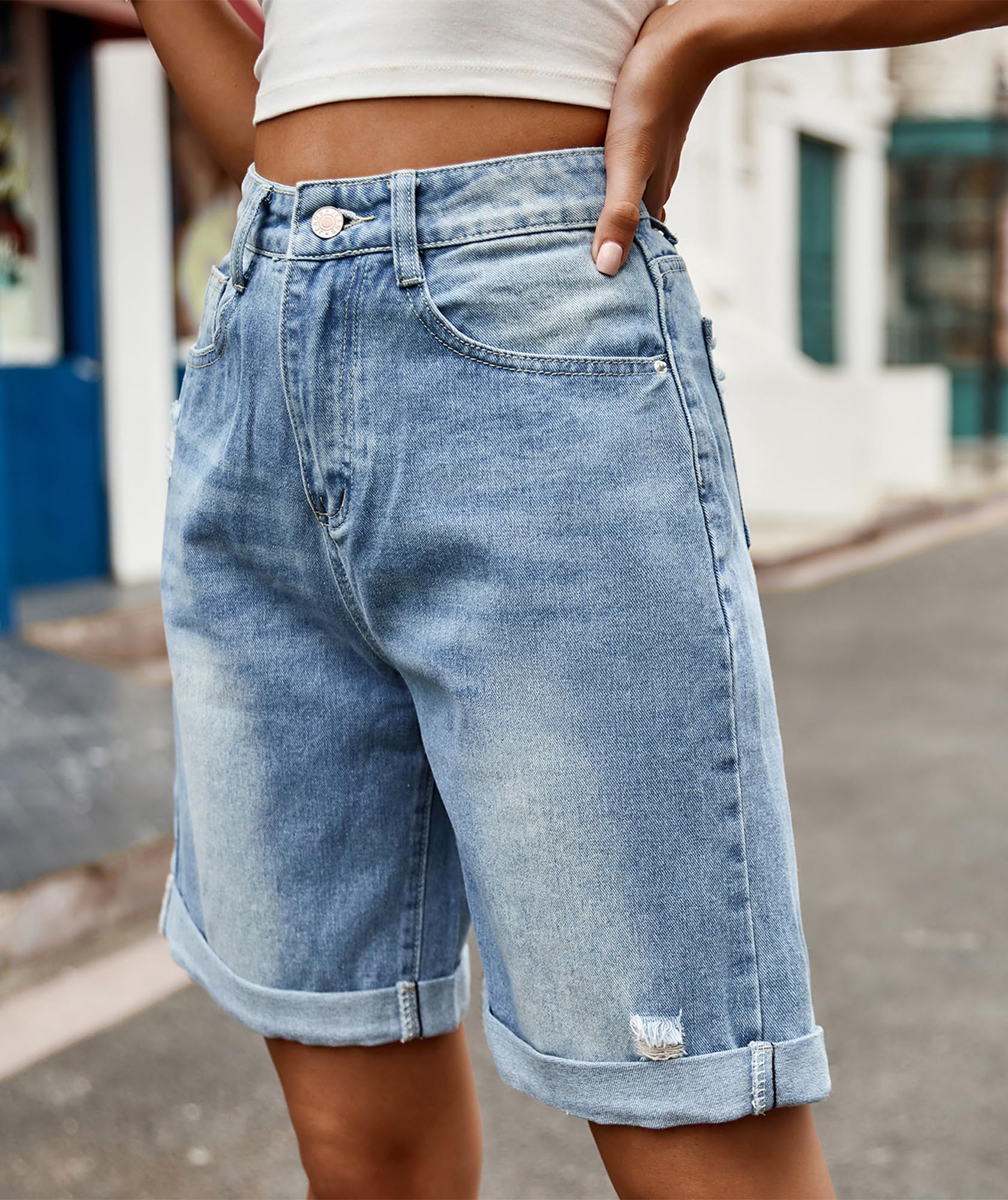 Women's Ripped Denim Bermuda Shorts - High Waisted Roll Up Jean Jorts for Summer | Casual Streetwear, Beach Outfits & Music Festivals