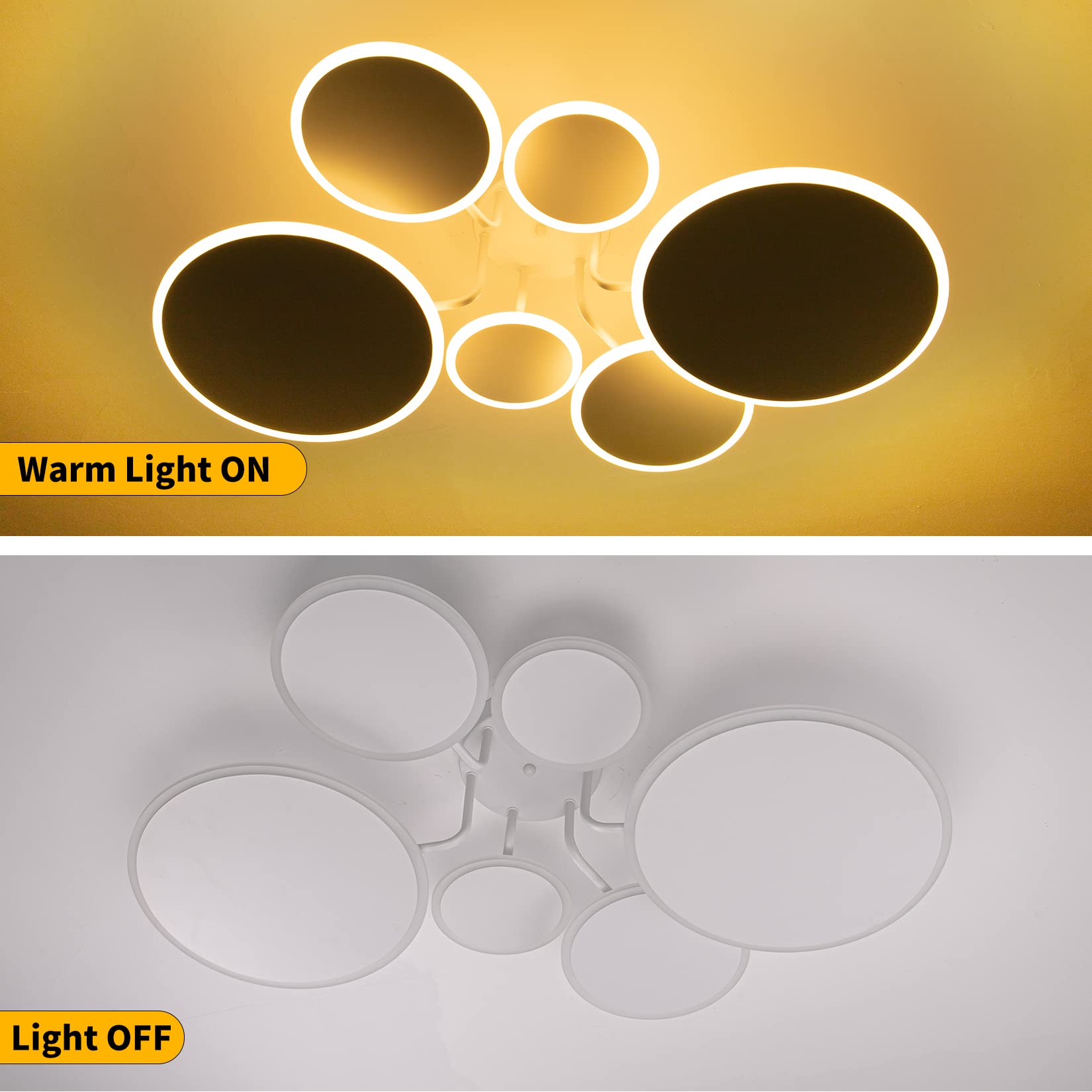 Modern LED Ceiling Light Fixture with Remote Control - 6 Circle Dimmable Sputnik Chandelier for Living Room, Dining Room, Bedroom, Office & Restaurant | Energy-Efficient Close-to-Ceiling Lighting for Home & Commercial Spaces