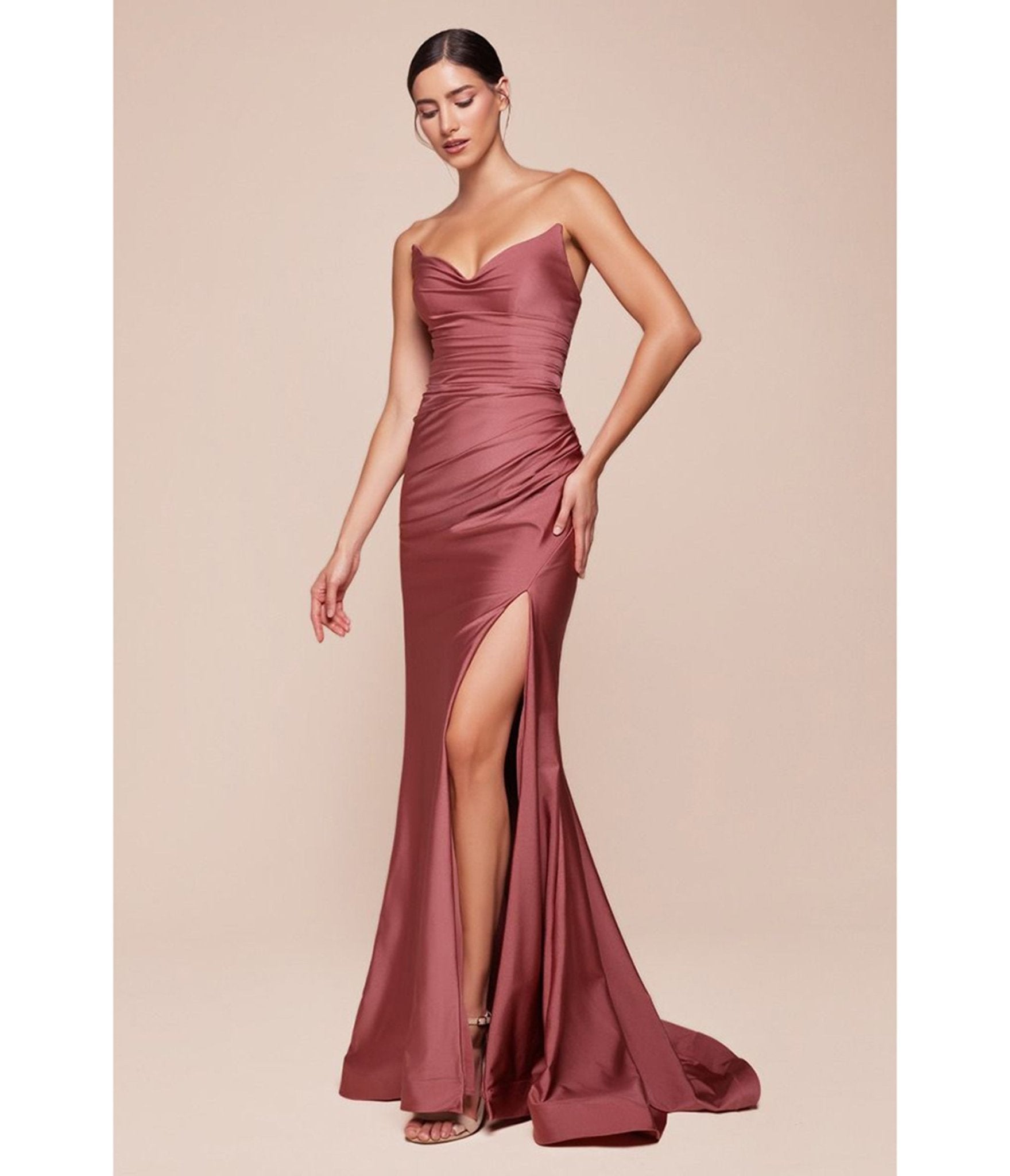 Ladivine by Cinderella Divine Sienna Rose Satin Fitted Strapless Prom Dress with High Slit - Elegant Evening Gown for Homecoming, Pageant, and Formal Events