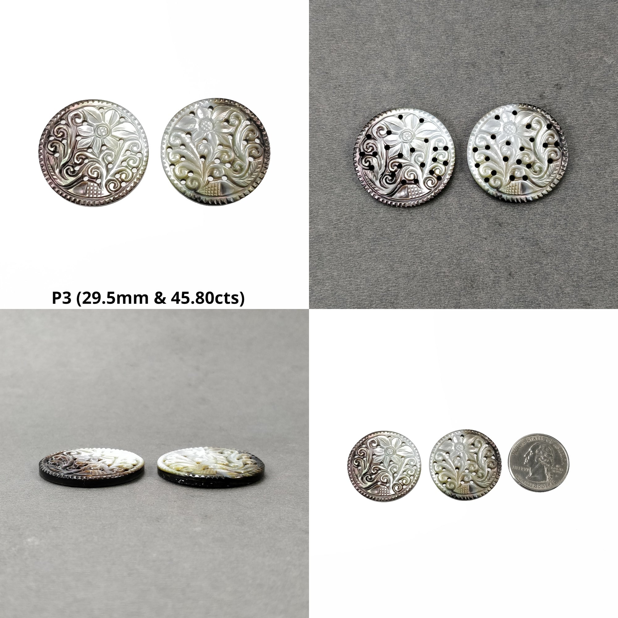 Natural Untreated Black Mother of Pearl Gemstone Carving - Hand Carved Oval, Marquise & Round Shape Pairs Sets for Jewelry Making, DIY Crafts & Home Decor