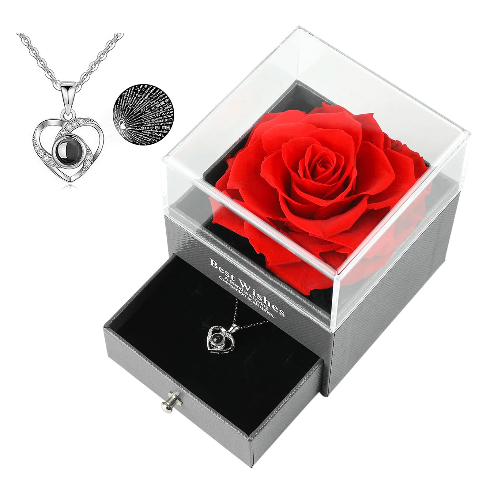 Real Preserved Rose in Heart Necklace - 'I Love You' in 100 Languages, Handmade Romantic Gift for Women (Red) | Perfect for Valentine's Day, Anniversary, Mother's Day & Birthday Gifts