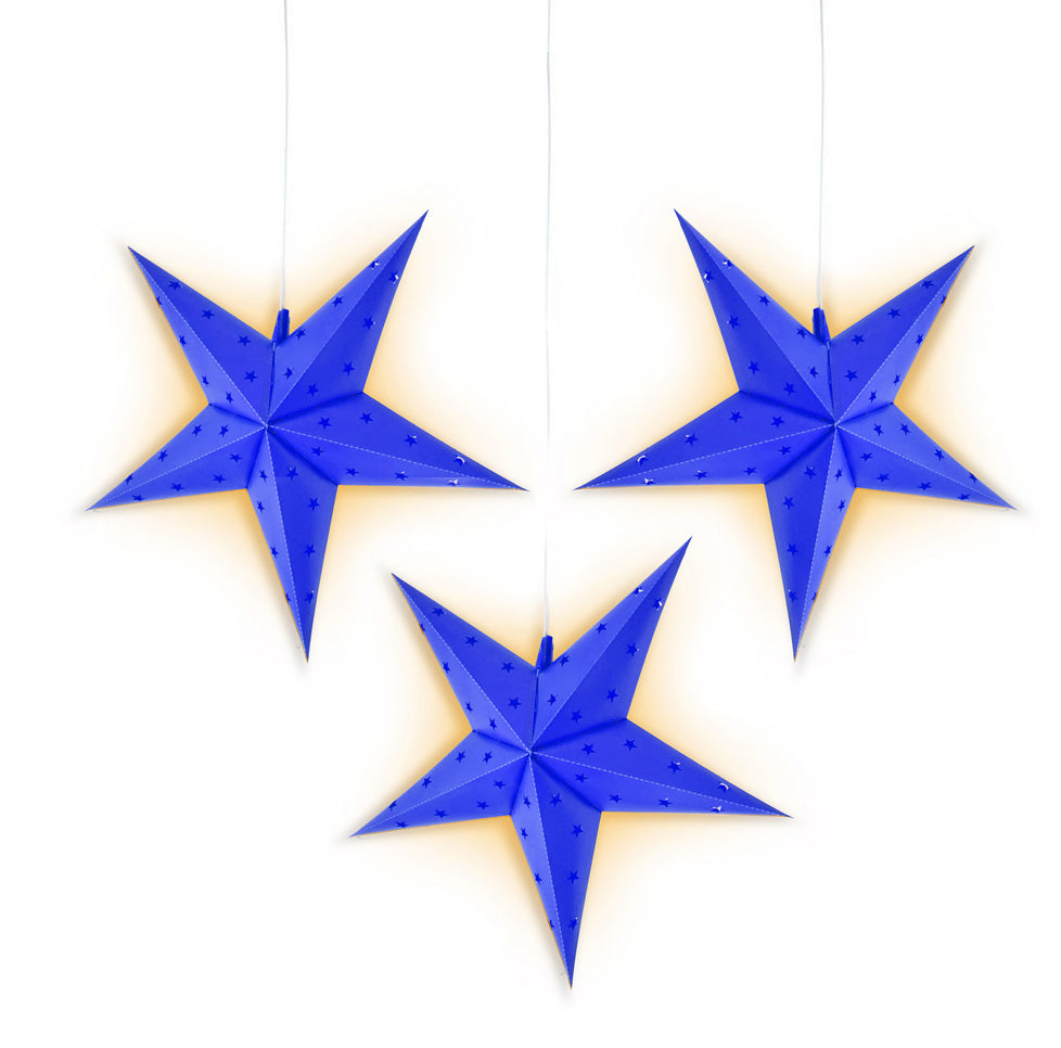 3 Pack Dark Blue 5-Point Weatherproof Outdoor Plastic Star Lanterns with LED Bulbs & Lamp Cord - Perfect for Patio, Garden, and Holiday Decorations