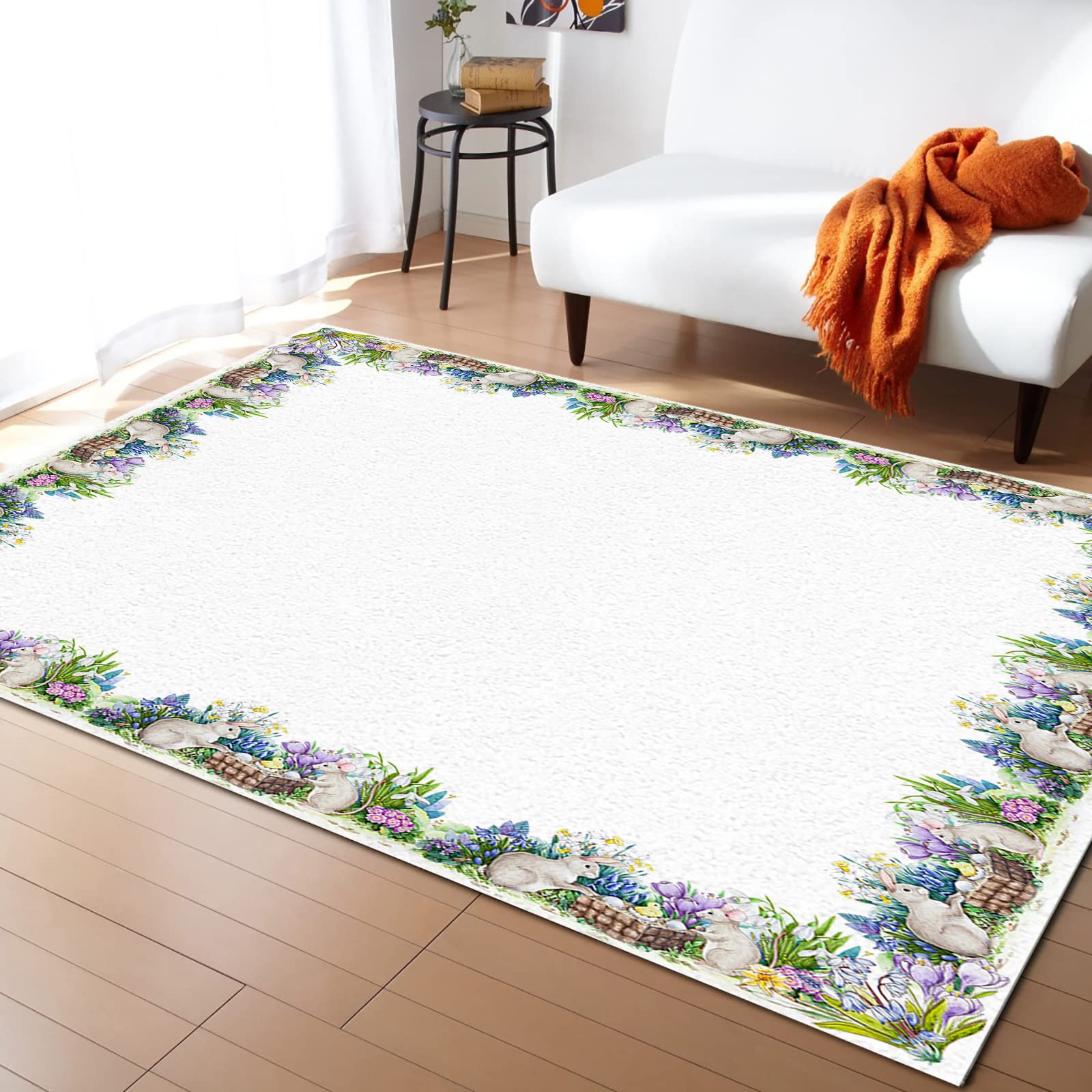Modern Soft Indoor Area Rugs with Easter Bunny & Watercolor Egg Design - Durable 4'x6' (48×72in) Floor Carpet for Bedroom, Living Room, Nursery Decor | Perfect for Easter Home Decor & Cozy Family Spaces