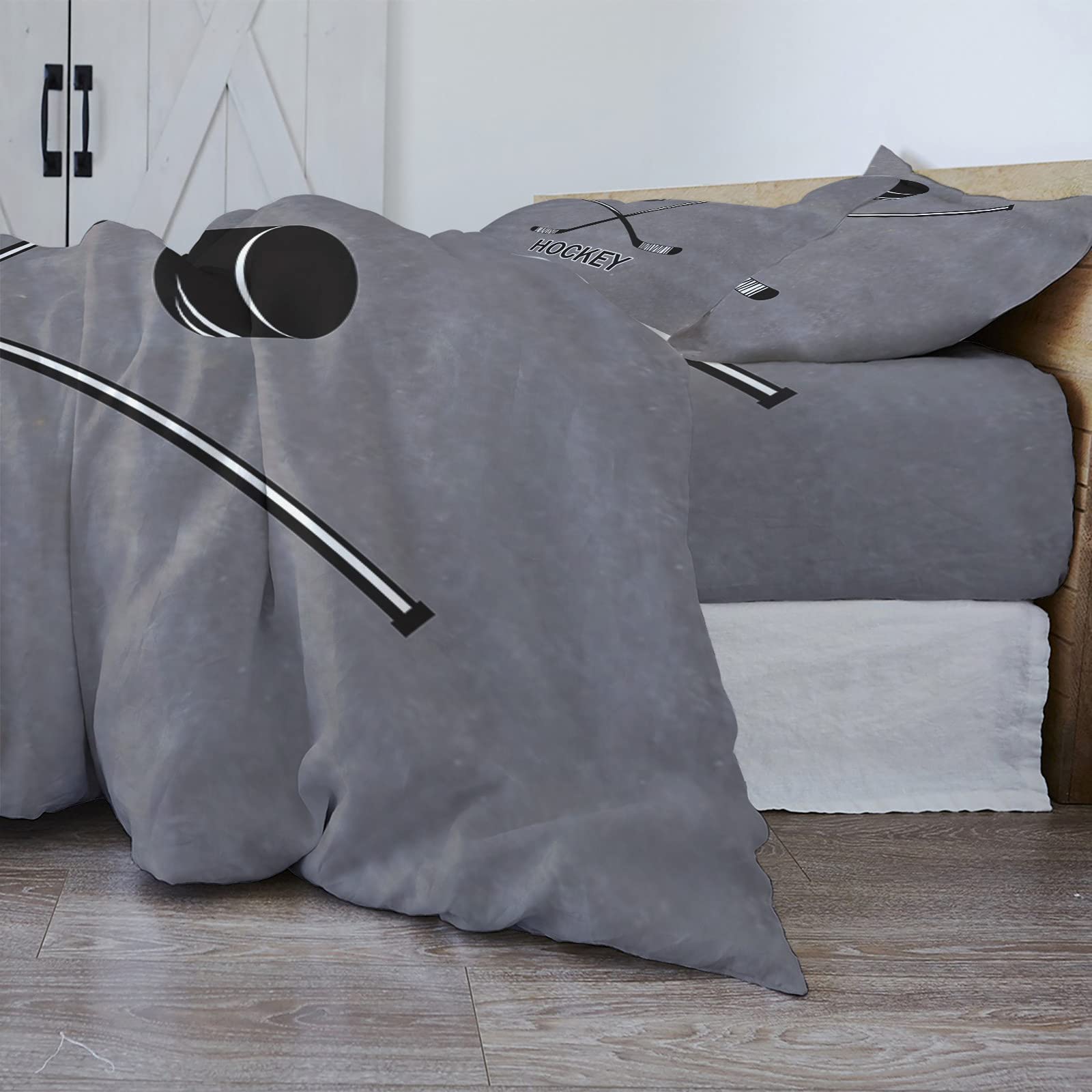 Cal King Hockey Sports Duvet Cover Set - 4 Piece Lightweight Microfiber Bedding for Adults & Teens - Retro Grey Design - Perfect for Sports Fans' Bedrooms & Dorm Rooms