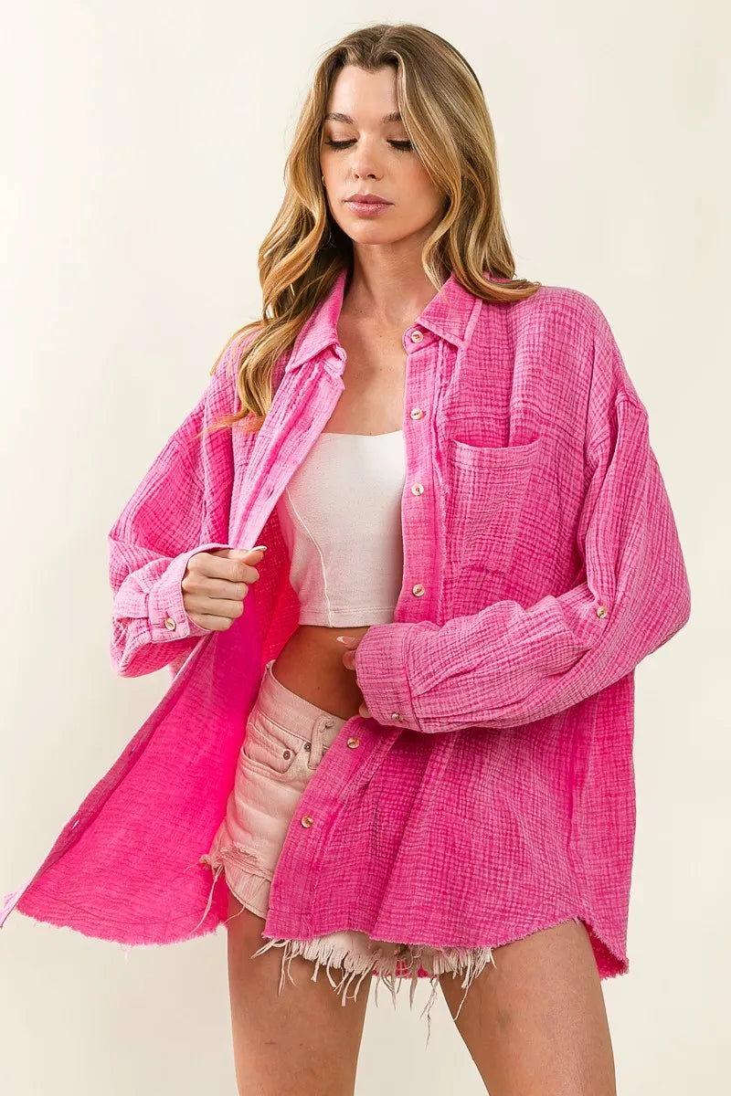 BiBi Raw Edge Detailed Mineral Washed Loose Fit Shirt for Women | Distressed Vintage Style Casual Top | Perfect for Streetwear, Layering & Everyday Outfits