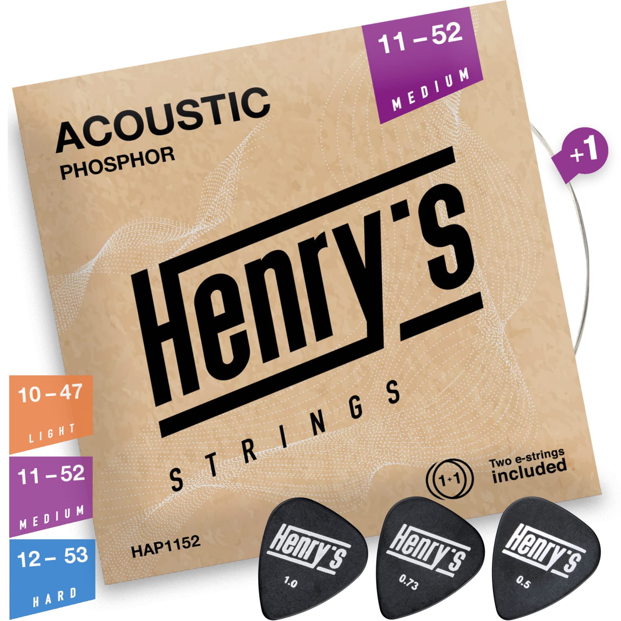 Premium Phosphor Bronze Acoustic Guitar Strings Set (11-52 Medium Gauge) with Bonus E1 String & 3 Picks - 6 String Pack for Warm Tone & Durability - Perfect for Live Performances, Studio Recording & Practice Sessions