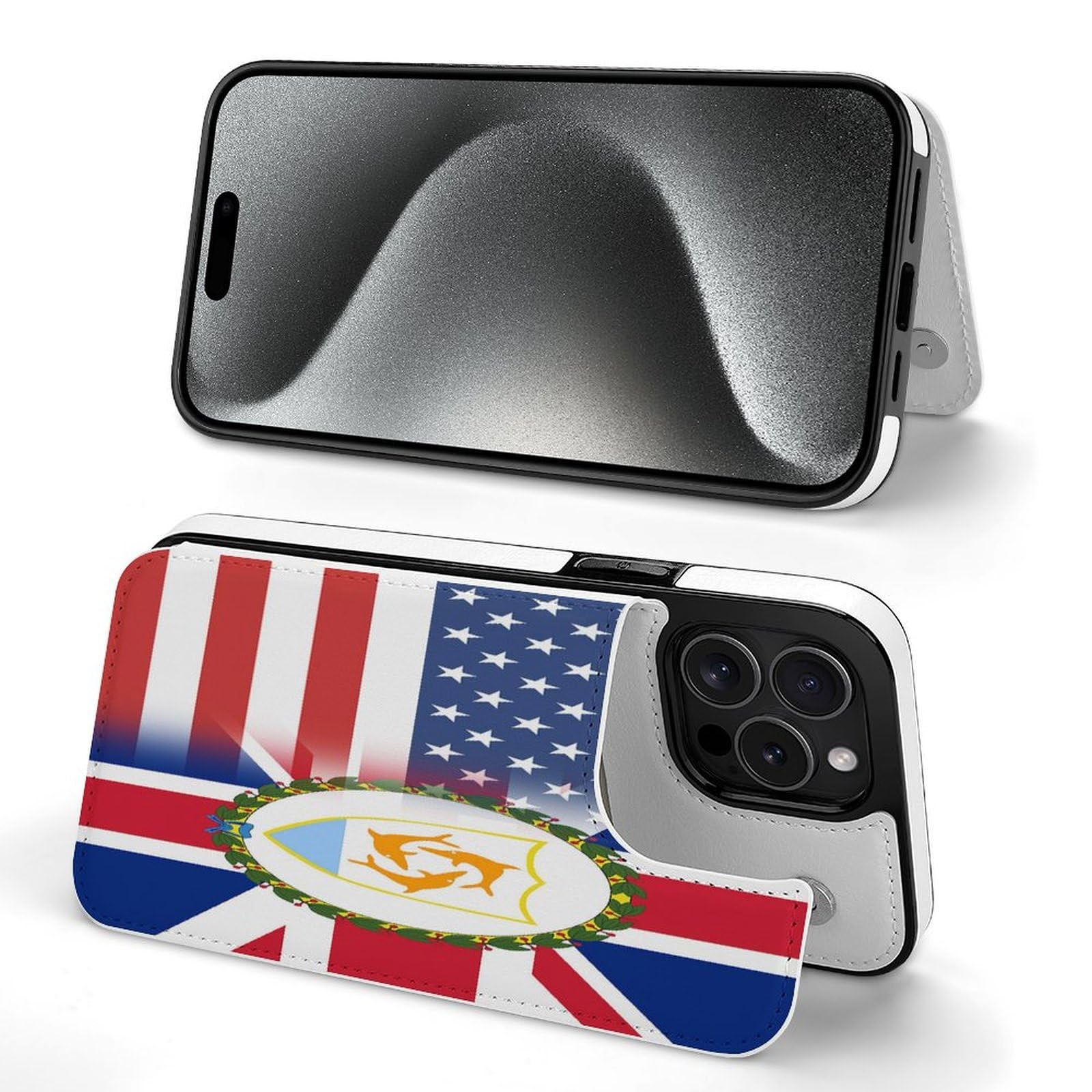 American & Anguilla Flag Print Flip Phone Case for iPhone 15 Plus/Pro/Pro Max (6.1-6.7 Inch) - Patriotic Protective Cover for Travel, Gifts & Everyday Use