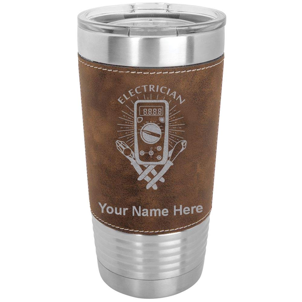 LaserGram 20oz Vacuum Insulated Stainless Steel Tumbler with Personalized Engraving - Leakproof Travel Mug for Coffee & Tea - Faux Leather & Rustic Design - Perfect Gift for Electricians & Professionals - Office, Camping, Commute & Outdoor Use