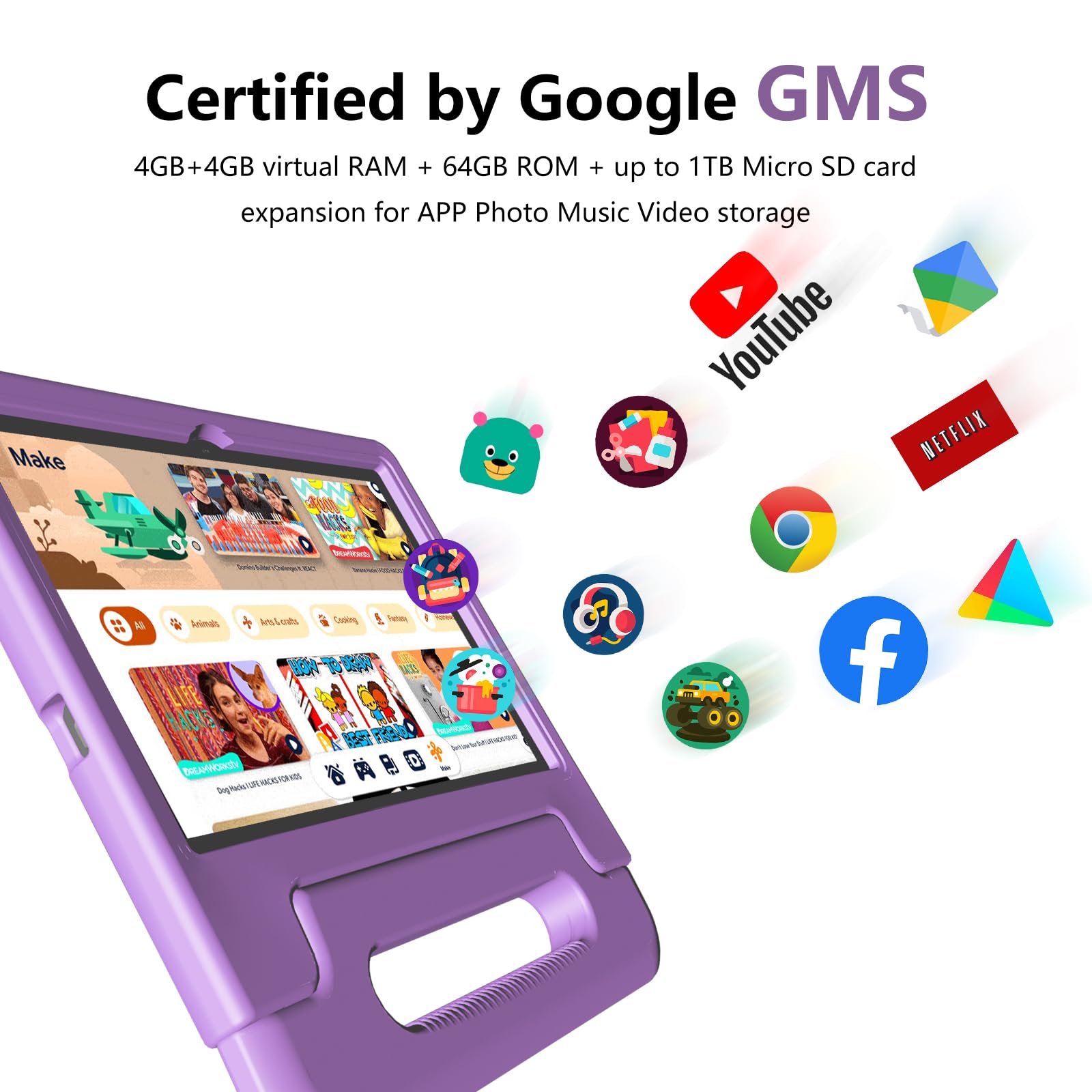 JREN 10.1 Inch Kids Tablet with Parental Control - Android 14, 8GB RAM + 64GB Storage, WiFi, 6000mAh Battery, Dual Camera & Shockproof Case - Purple | Educational Learning Tablet for Toddlers & Children | Perfect for Homeschooling, Travel & Entertainment