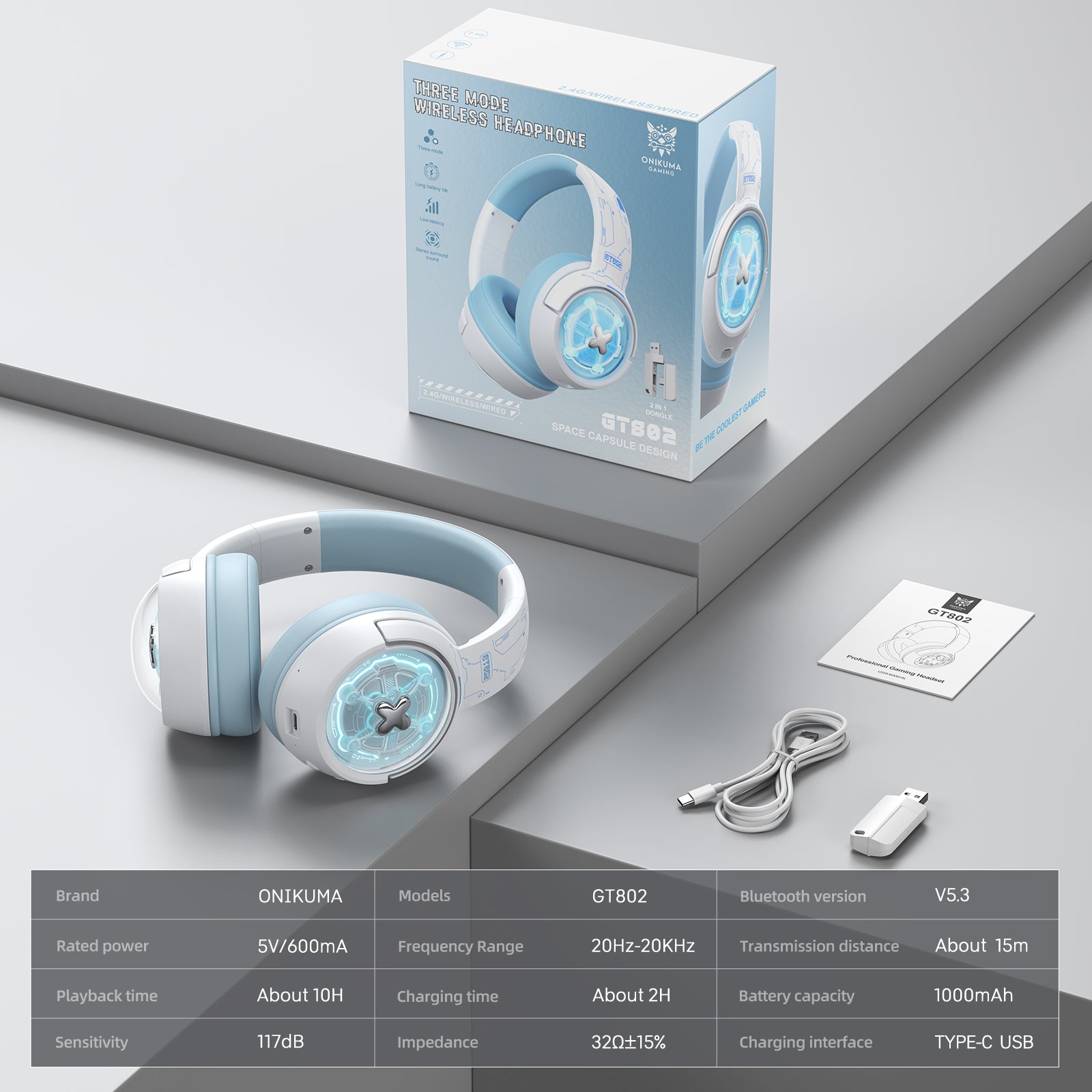 ONIKUMA GT802 Wireless Gaming Headset with Tri-Mode Connectivity (2.4GHz/Bluetooth/Wired), RGB Lighting, 1000mAh Battery - Perfect for PC, PS5, Xbox & Mobile Gaming