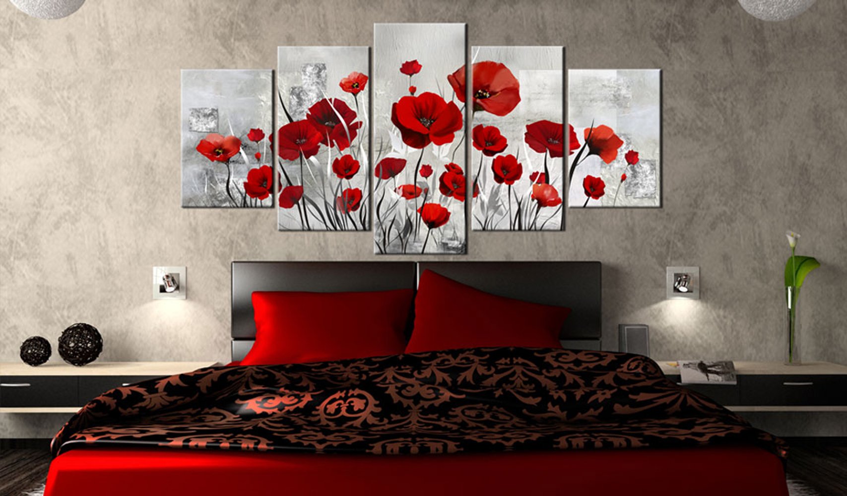 5 Panels Red Flower Painting Modern Canvas Wall Art - Abstract Contemporary Framed Wall Decor - Ready to Hang for Living Room, Bedroom, Office Decoration