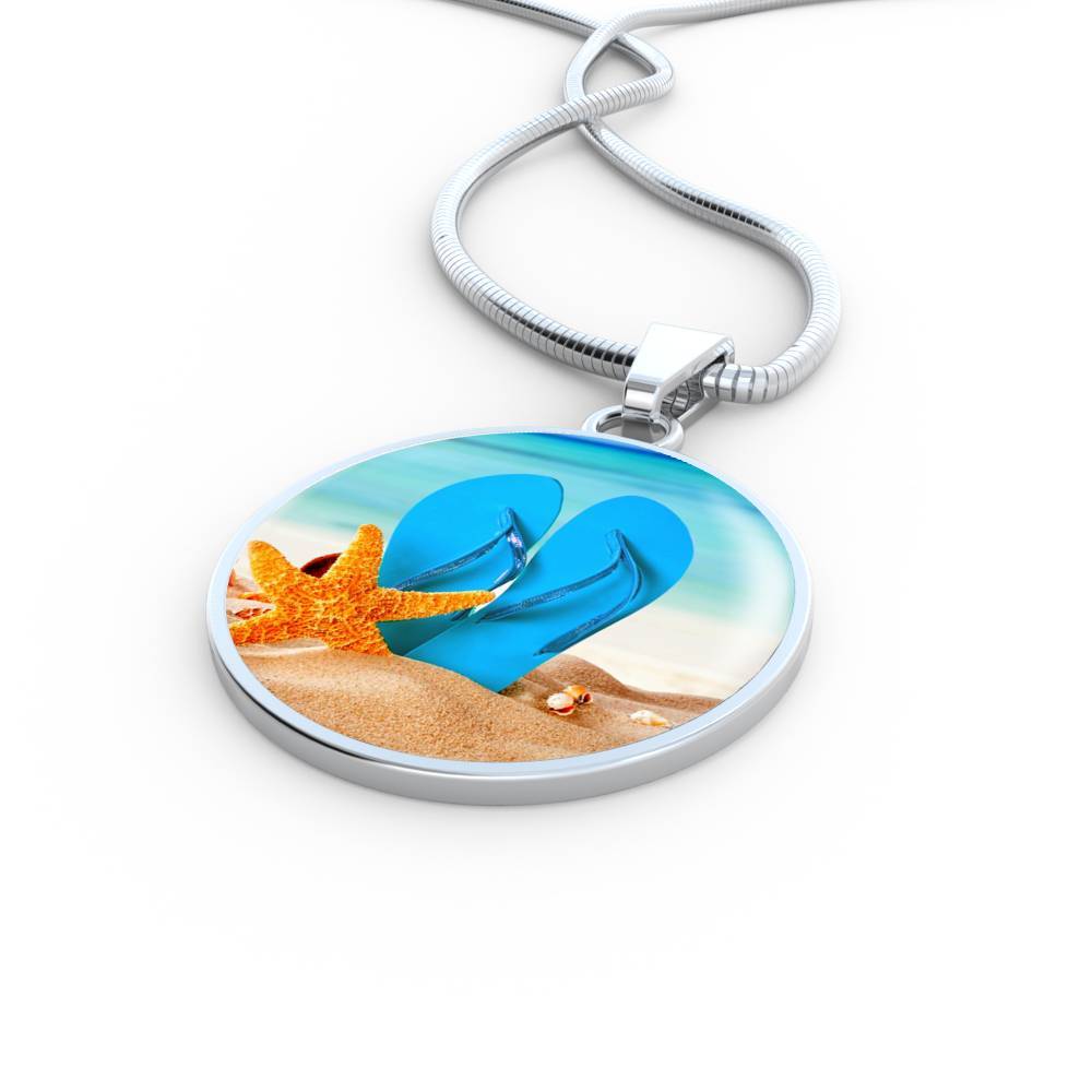 Personalized Engraved Round Pendant Necklace - Beach Flip Flops Charm Jewelry for Summer Vacation & Gift Giving