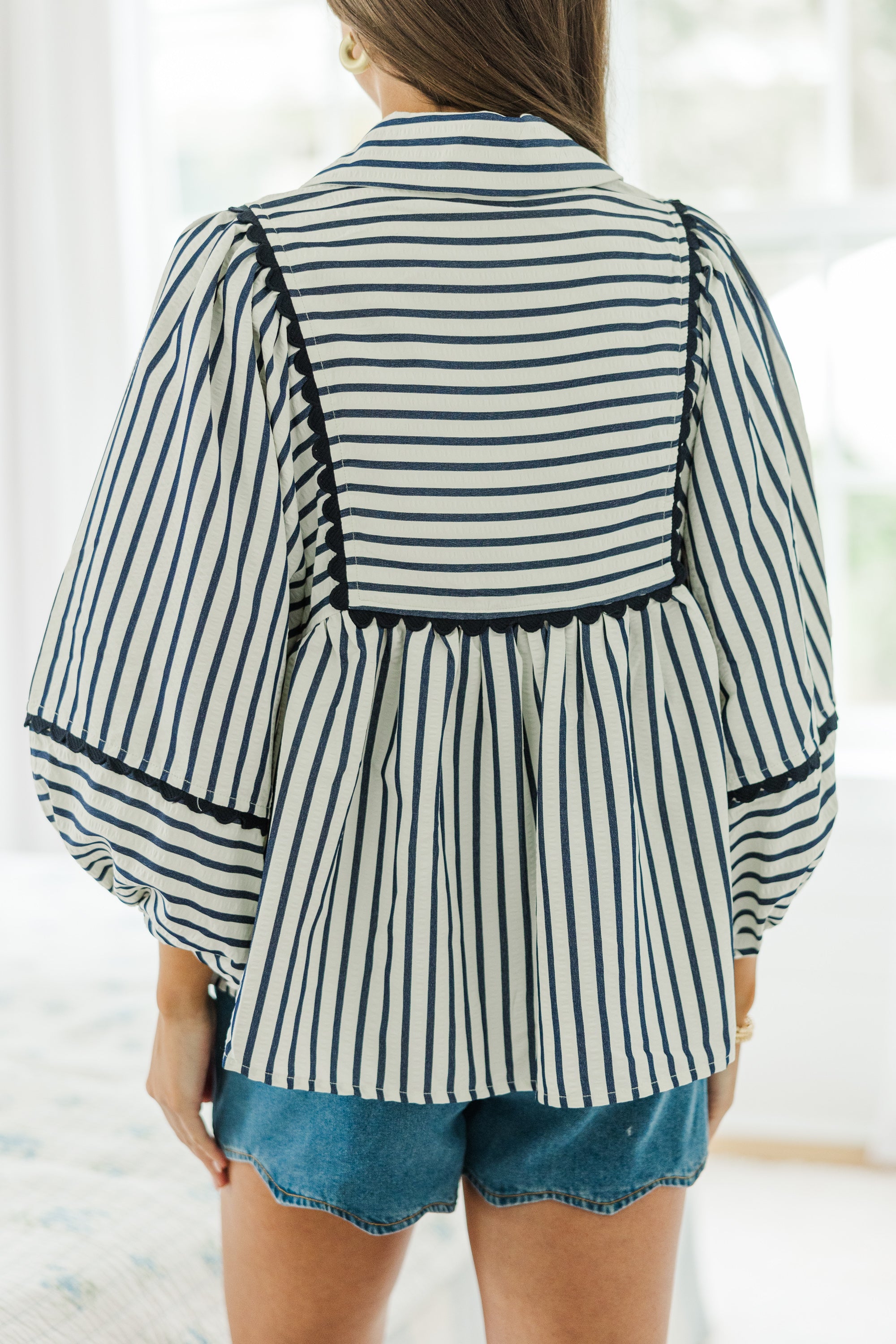 Navy Blue Striped Blouse for Women - Elegant Long Sleeve Casual Shirt - Perfect for Office, Date Night & Everyday Wear