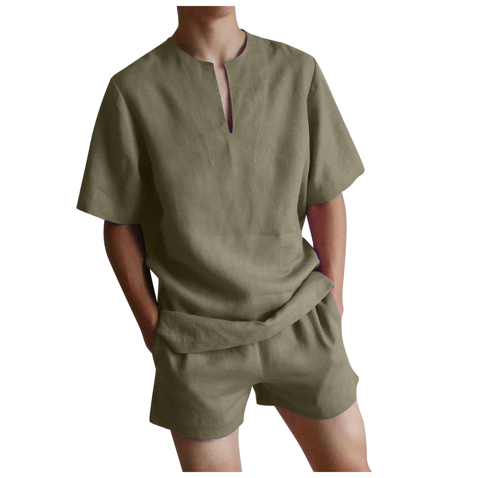 **Men's Casual Cotton Linen 2-Piece Outfit Set - Loose Hippie T-Shirt & Pants - Solid Comfort Tracksuit for Summer - Perfect for Beach, Travel & Relaxation**