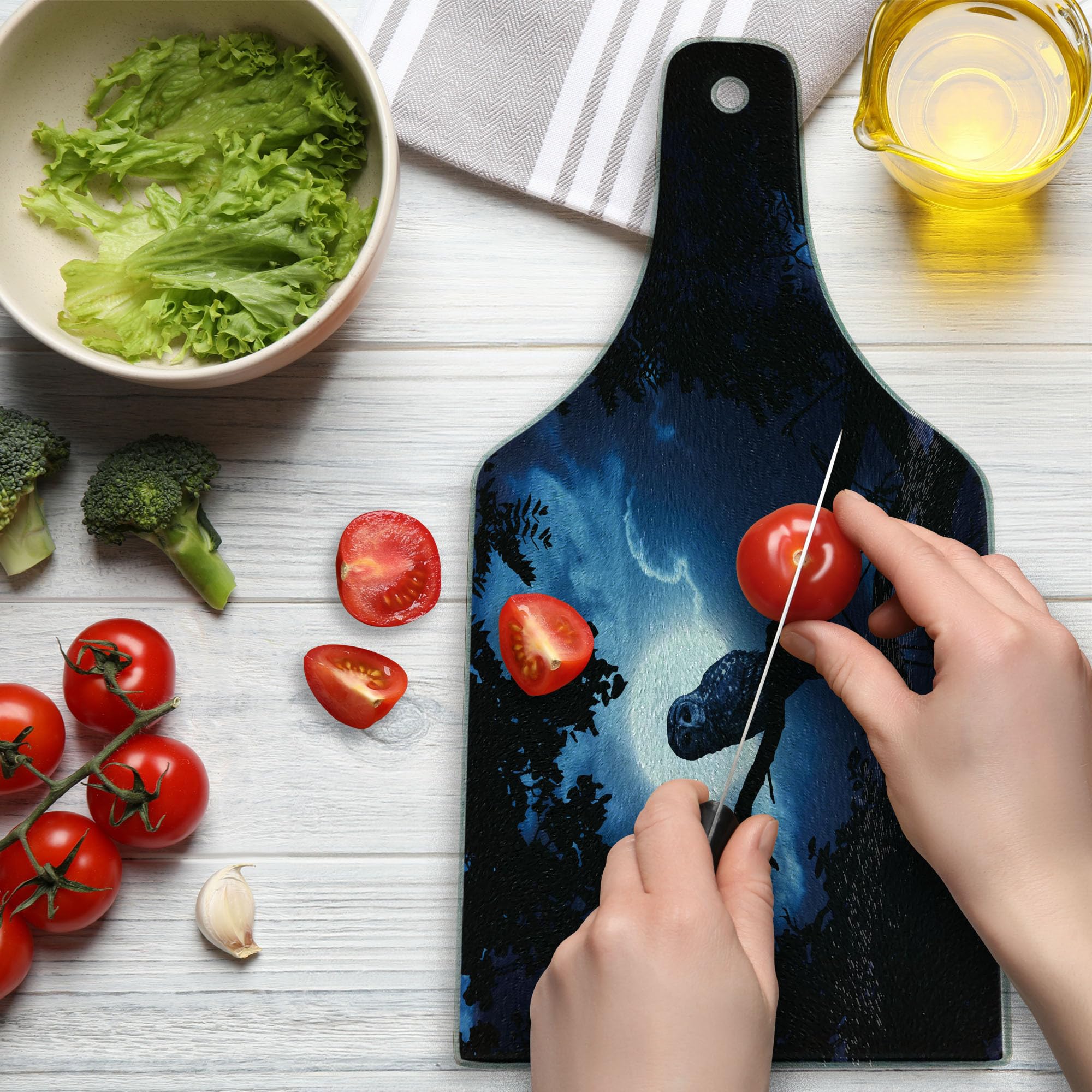Ambesonne Night Themed Cutting Board - Tranquil Woods with Full Moon, Tall Trees & Owl on Branch - Tempered Glass Serving Board for Cheese, Charcuterie & Wine - Elegant Black Blue White Design - Perfect for Dinner Parties, Gifts & Home Decor