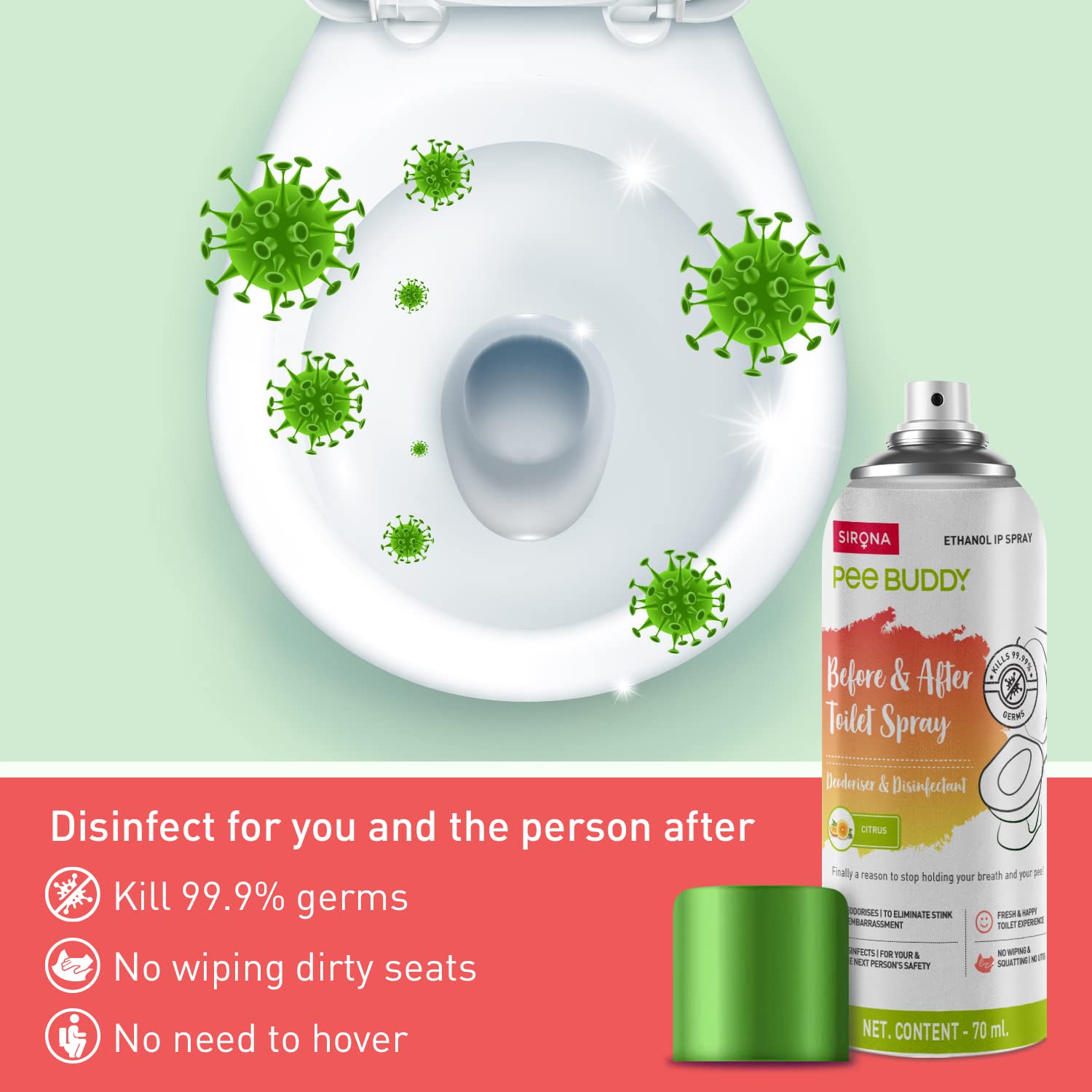PEE BUDDY Toilet Seat Sanitizer Spray - 70ml Citrus Scent | Kills 99.9% Germs & Prevents UTI | Portable Bathroom Disinfectant & Deodorizer | Travel, Gym & Public Restroom Essential | Safe for Kids & Adults